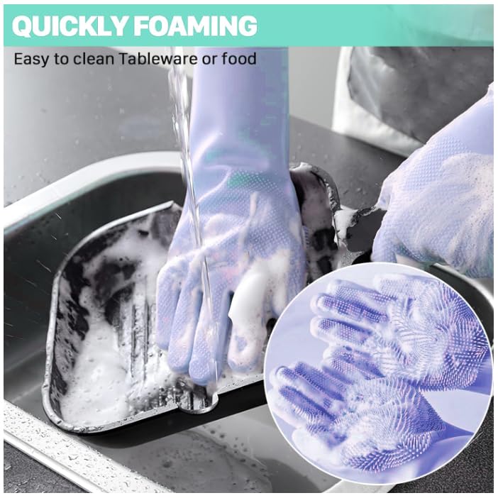 XJ LIVING Magic Silicone Dishwashing Gloves for Kitchen Cleaning, Reusable Silicone Hand Gloves for Dish Wash, Car Wash, Bathroom Cleaning & Pet Grooming (Multicolour, 1 Pair)