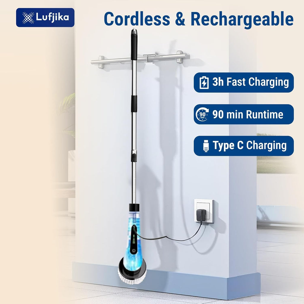 Royal Electric Spin Scrubber, Cleaning Brush Scrubber for Home, 300RPM/Min, 8 Replaceable Brush Heads, 90 Min Work Time, 3 Adjustable Size, 2 Adjustable Speeds, for Bathroom, Floor Tiles (White)