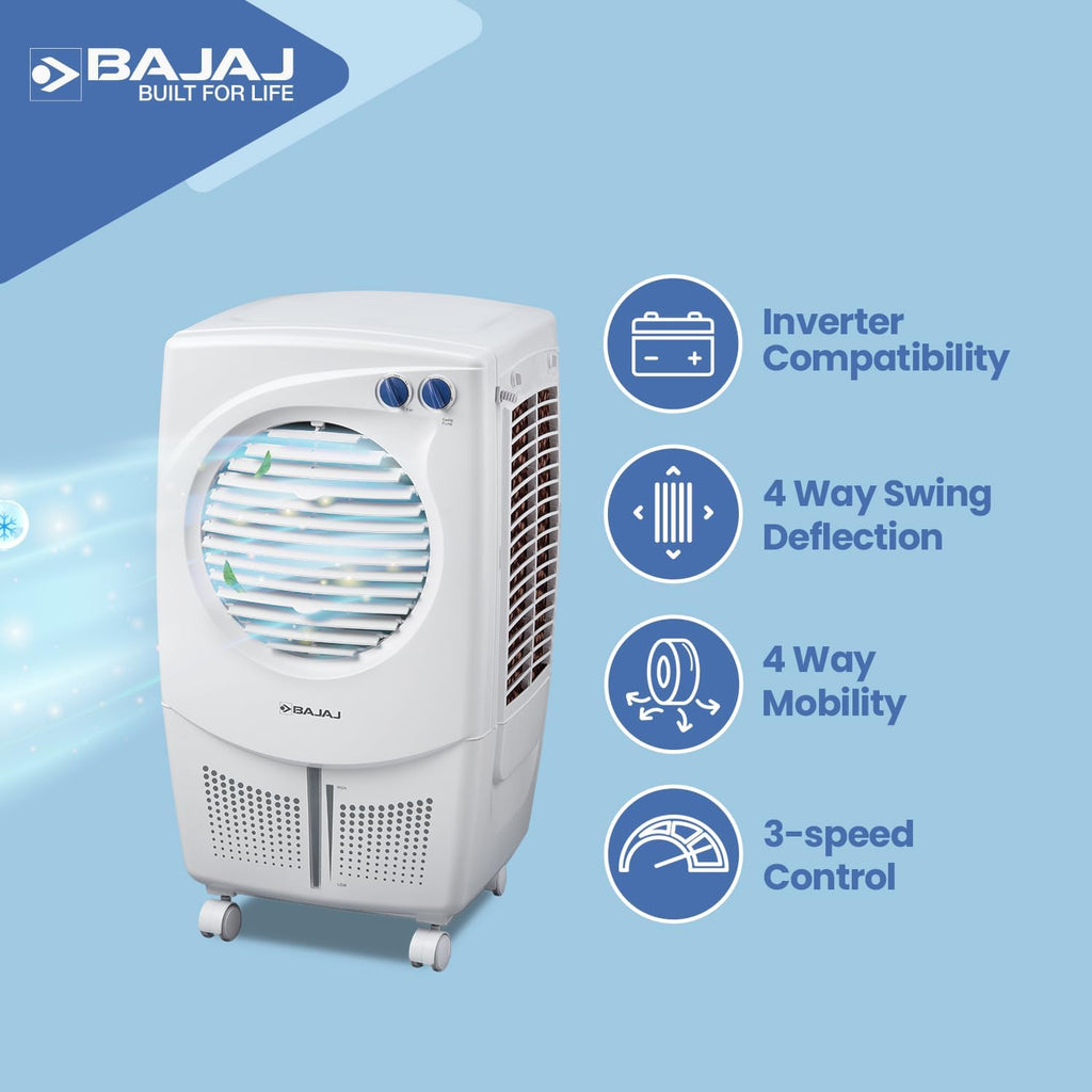 Bajaj PX25 Torque Air Cooler For Room 24L|Mini Air Cooler For Home|Anti-Bacterial Honeycomb Cooling Pads|16Ft Air Throw|High Speed Fan|Inverter Compatible|3 Yrs Comprehensive Product Warranty|White
