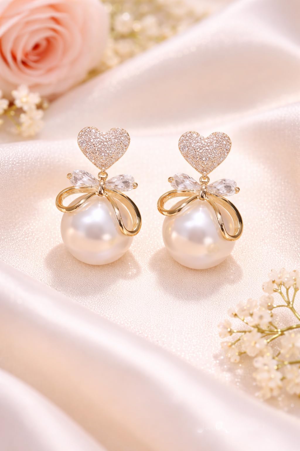 Korean Earrings Set of 3, Gold Tone, Pearl and Crystal Embellished, Heart and Bow Design, Stud Style