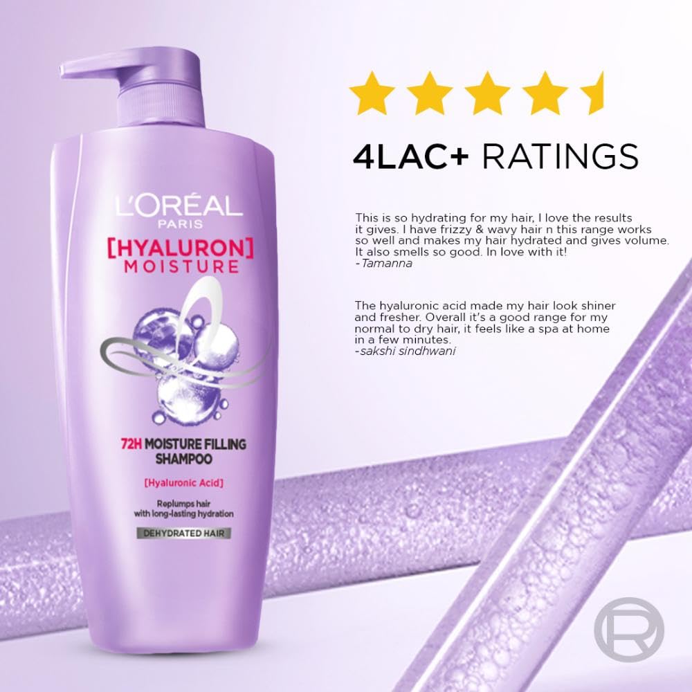 L'Oreal Paris Hyaluron Moisture 72HR Moisture Filling Shampoo powered by Hyaluronic Acid, for Frizz-free, Hydrated and Bouncy Hair Full of Life | 1Ltr