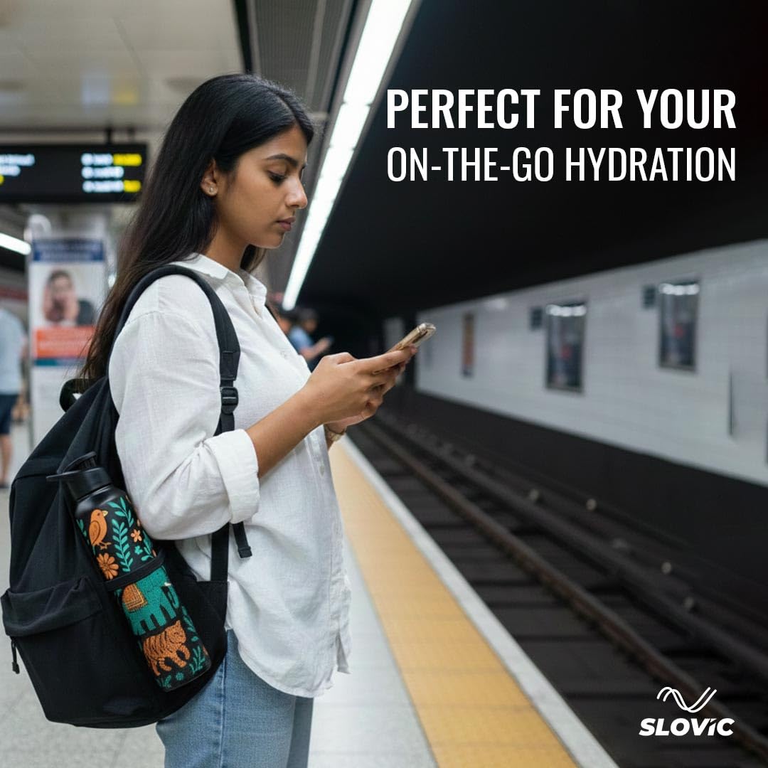 SLOVIC Steel Water Bottle 1 Ltr | Incredible India Design Fridge Water Bottle for School Kids | 100% BPA Free & leak-Proof | Sipper Water Bottles for Adults | Ideal for Gym, Office, Travel