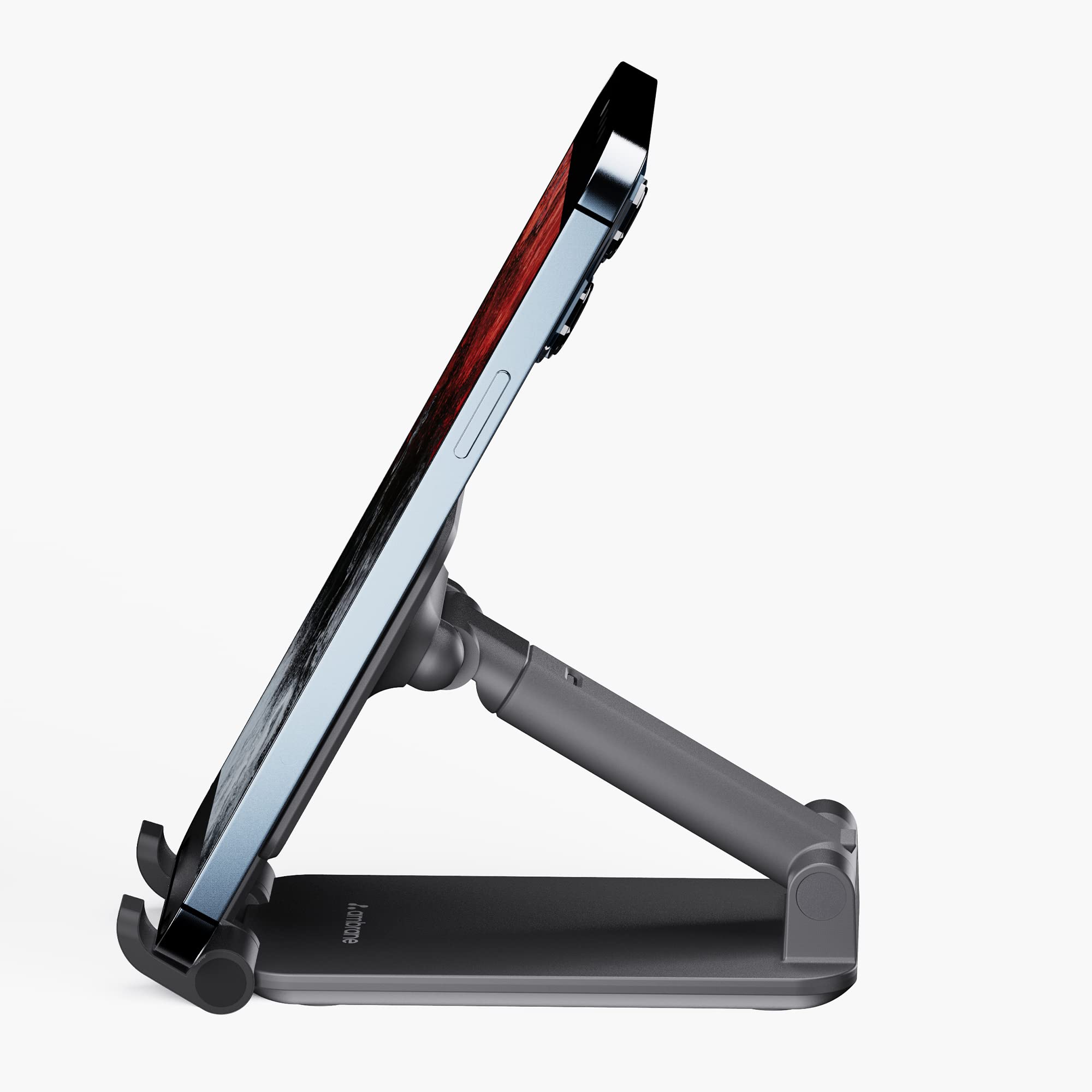 Ambrane Multipurpose Tabletop Mobile Stand | Adjustable Angle & Height| Universal Holder for iPhone, Samsung, OnePlus & All Smartphones | Portable, Anti-Skid | for Home, Office, Bed & Gifting (Black)