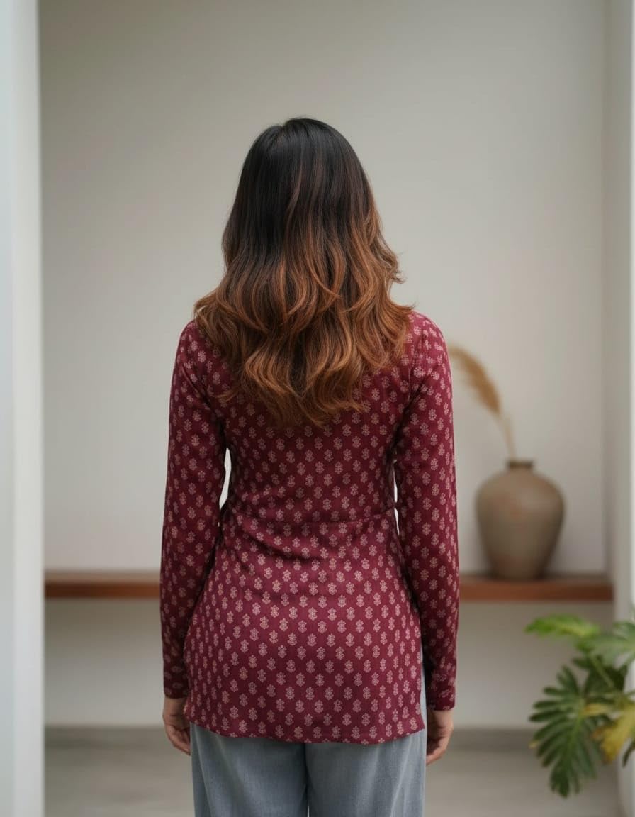 ANANT STORE Women's Rayon Floral Printed Full Sleeves V-Neck Short Kurti, Bell Sleeves, Short Kurti for Woman, Stylish Ethnic Top, Daily Casual Western & Office wear (in, Alpha, M, Maroon)