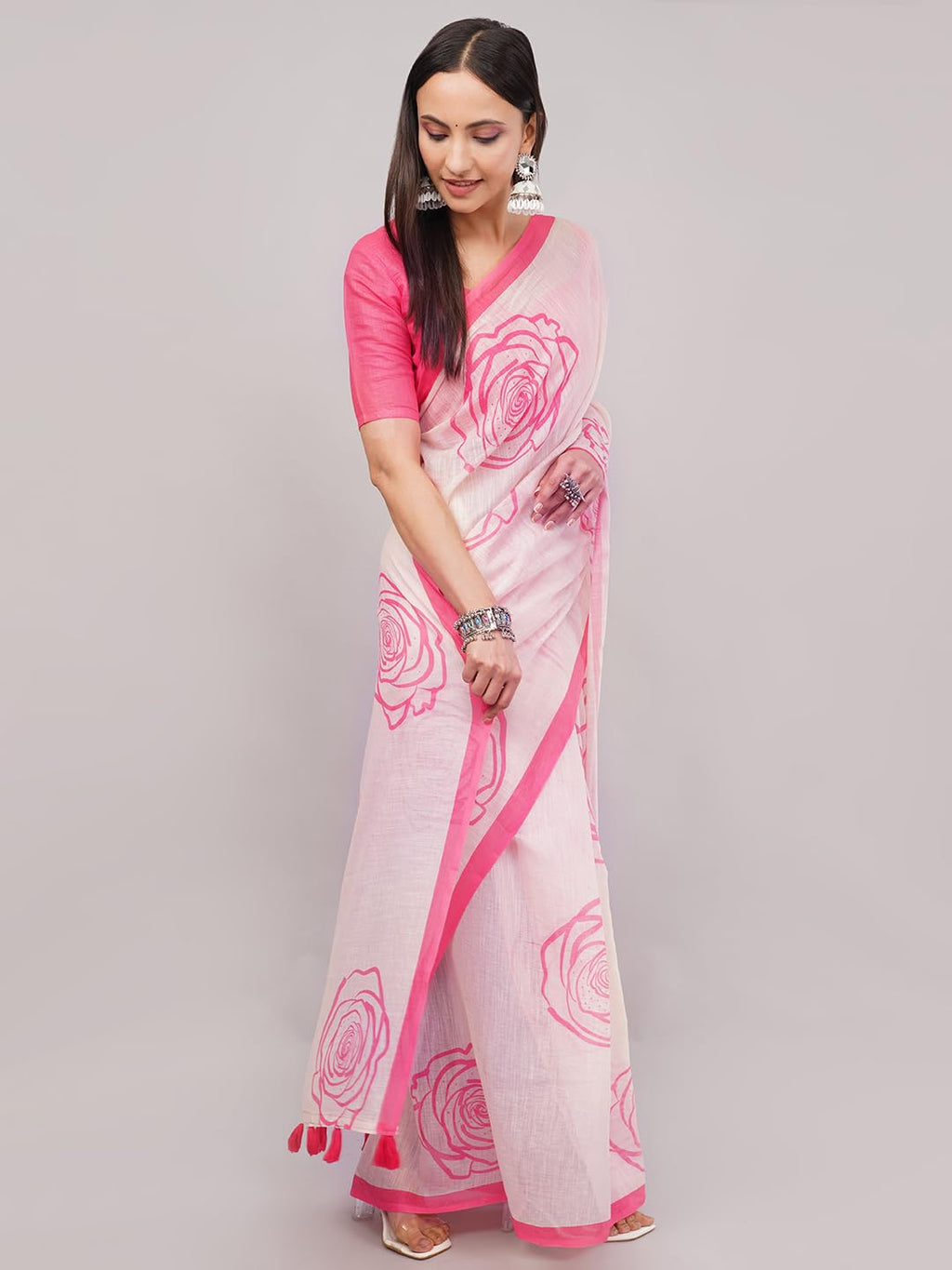 SAMANTHA Womens Peach Pink Large Rose Outline Print Linen Saree With Solid Unstitched Blouse Piece