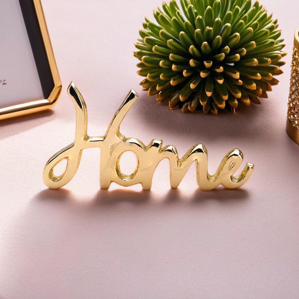 PURESTORY Words Home Sign Decor | Decorative items For Living Room | Home Decor Bedroom | Metal Word Sign Board Centerpiece | Cutout Sign | Decoration For Room, Kitchen-Gold