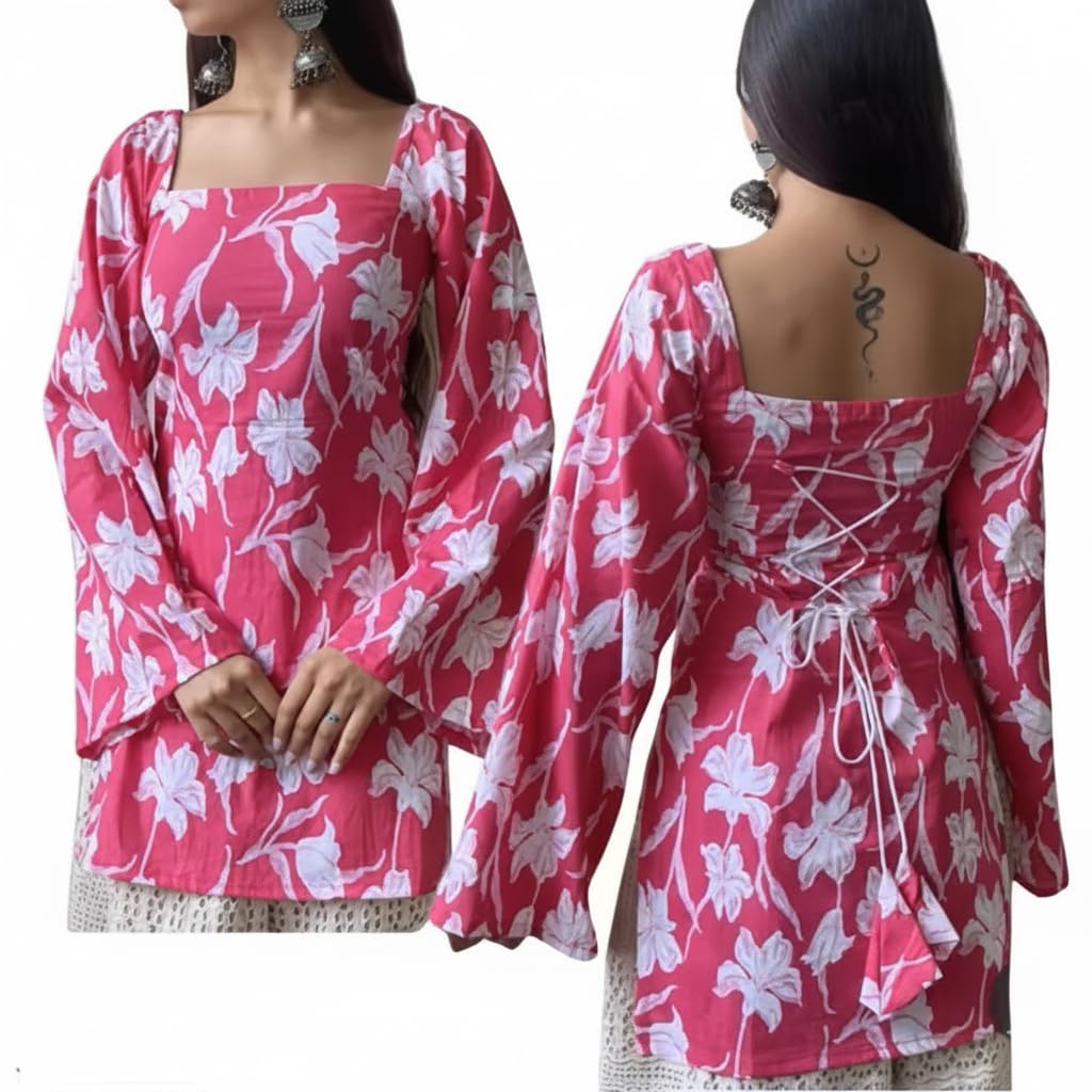 SANGOURI Women Floral Printed Short Kurti | Square Neck | Full Sleeves | Stylish Ethnic Kurta | Back Tie-Up | Casual Wear Kurta (in, Alpha, M, Pink)