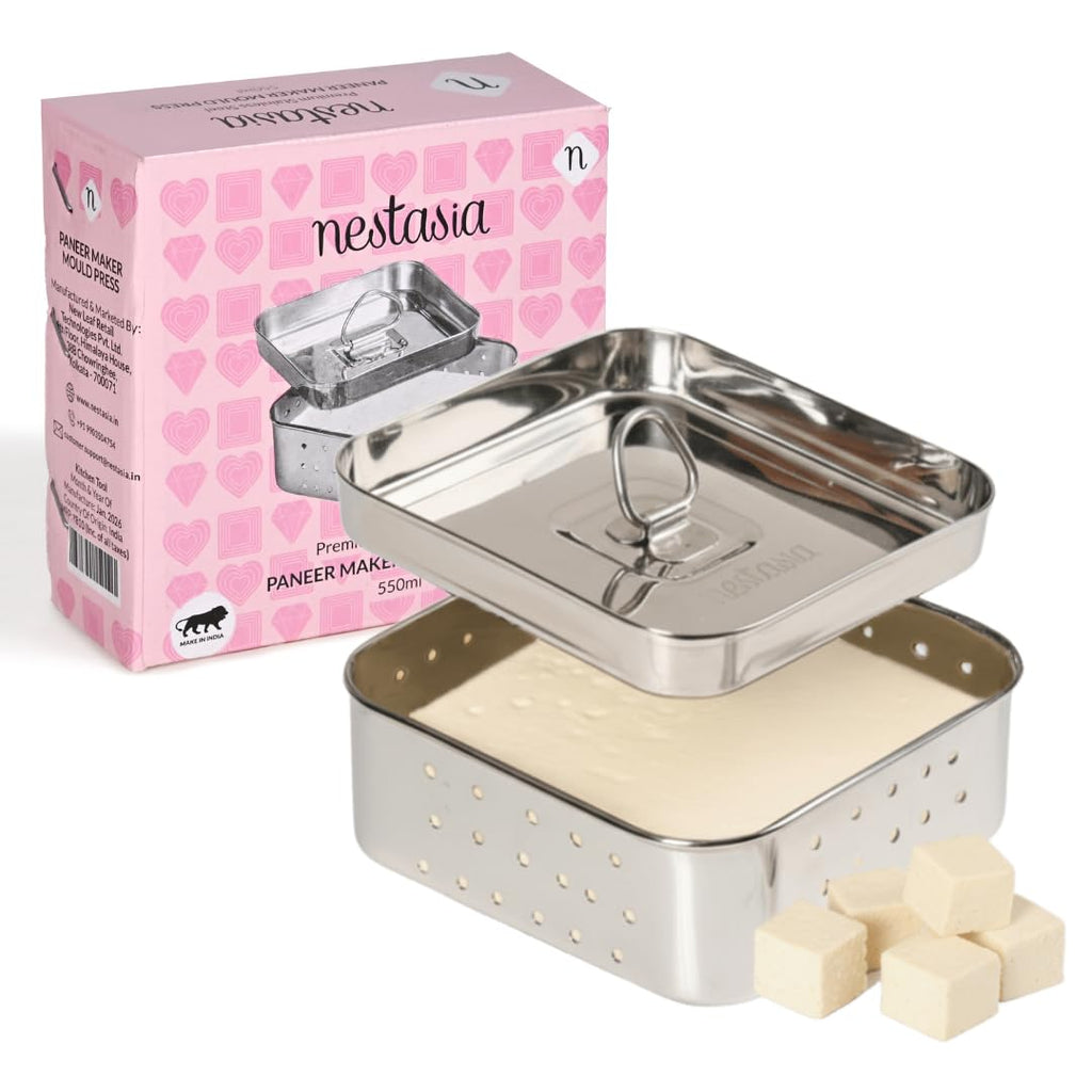 Nestasia Large Stainless Steel Paneer Maker (550 ml) - Square Paneer Maker Mould Press with Lid | Rust Resistant Medium Paneer Strainer - Perfect for Fresh Paneer, Tofu & Sprouts