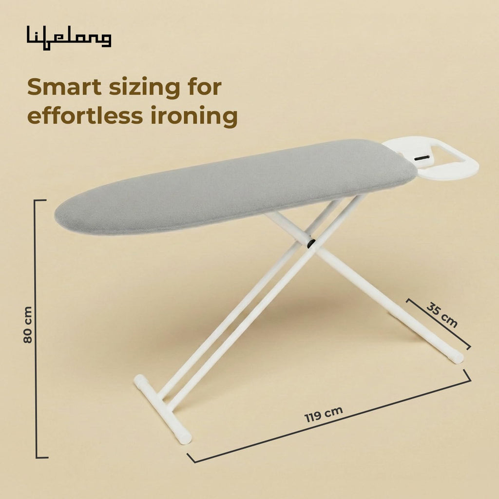 Lifelong Foldable Ironing Board with Silver Heat-Resistant Cover|Heavy-Duty & Sturdy Iron Board with Iron Stand|Adjustable Height, Non-Slip Legs,Portable & Space Saving Design for Easy Ironing at Home