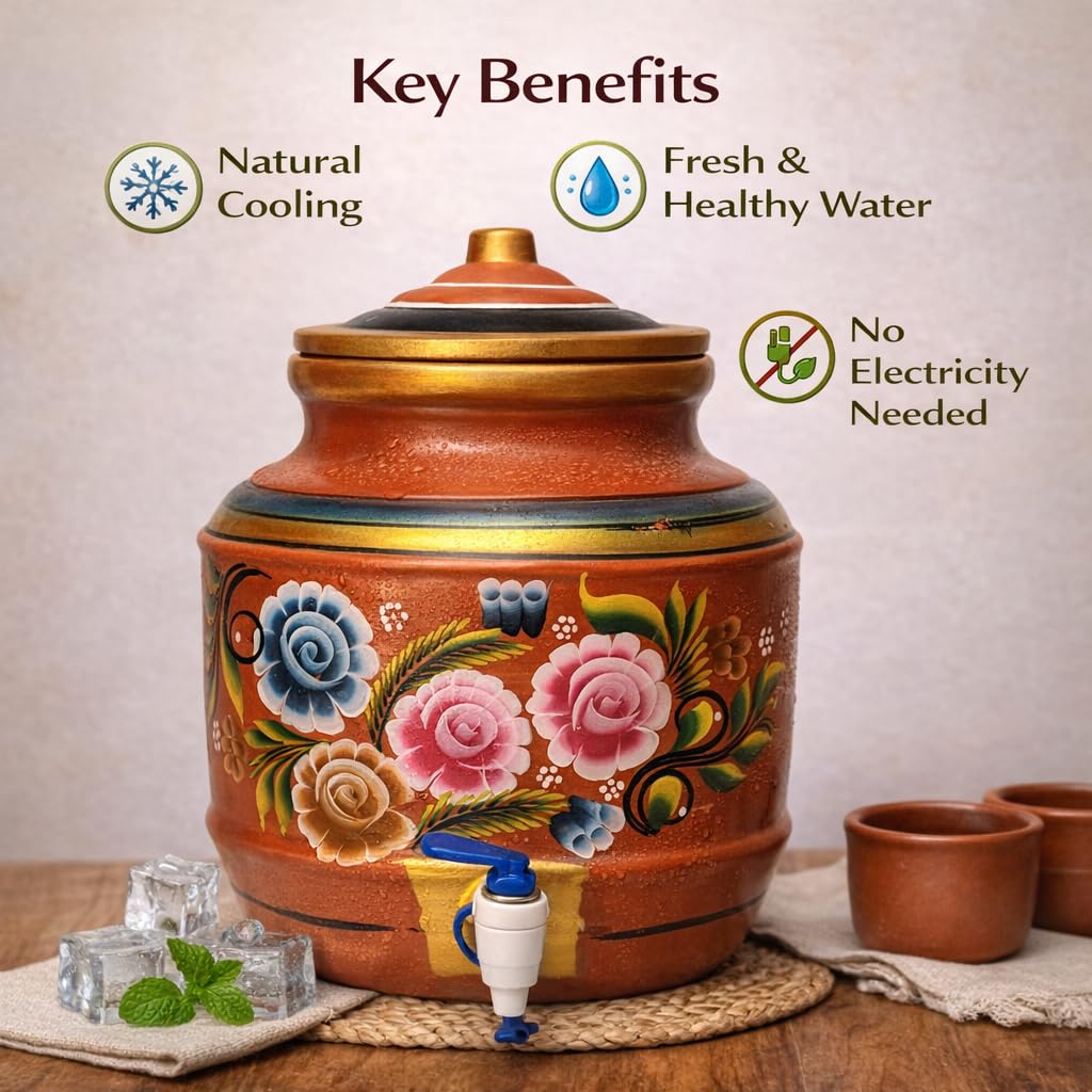 Hand-Painted Clay Water Pot with Tap | Earthen Matka Water Dispenser | Natural Cooling Terracotta Storage Pot | Traditional Mitti Matka for Home & Kitchen (Design 12)