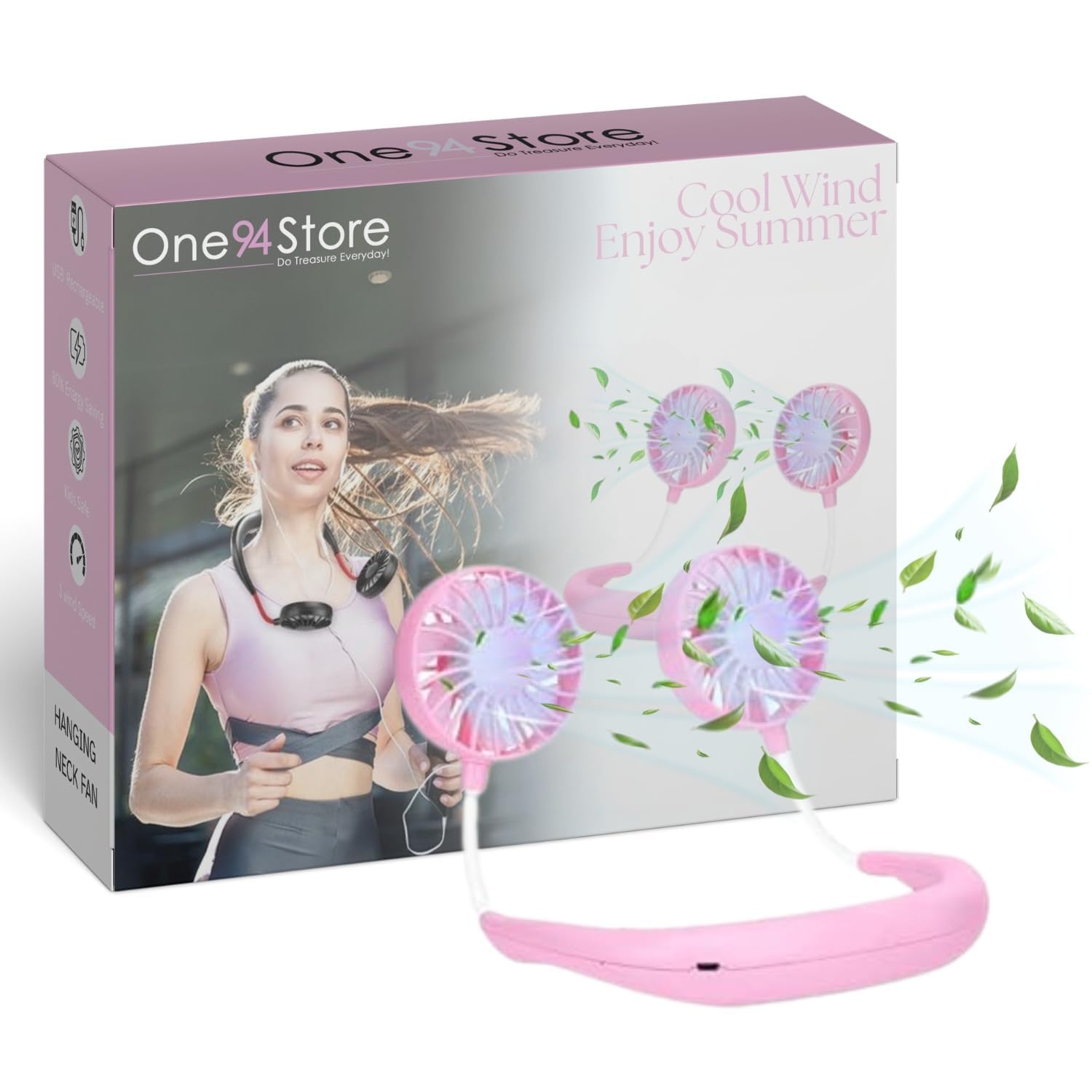 One94Store Portable Neck Fan (Pink) – 1200mAh USB Rechargeable Hands-Free Wearable Fan with 3 Speed Modes, 7-Blade Powerful Cooling, Up to 3 Hours Battery for Travel, Office, Outdoor & Home