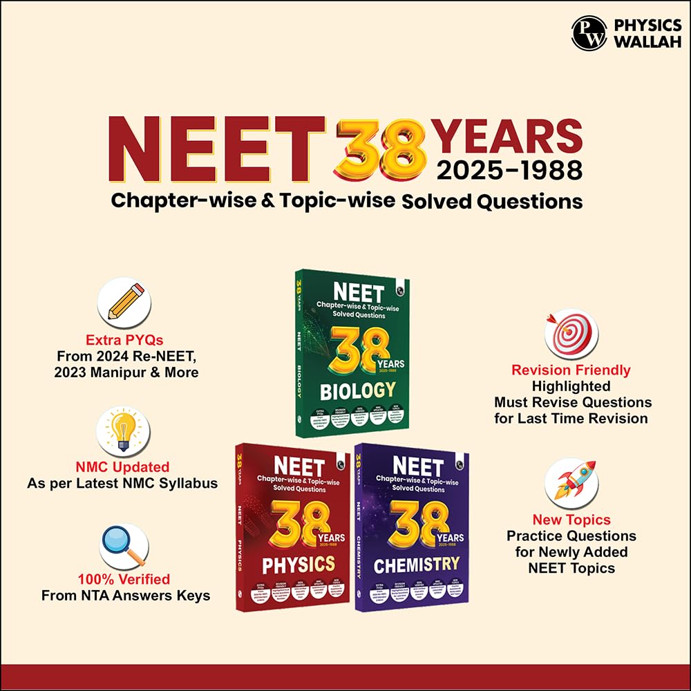 PW 38 Years NEET Previous Year Solved Question Papers Physics, Chemistry and Biology PYQ Combo Set of 3 Books (2025 - 1988) Chapterwise Topicwise Solutions For NEET Exam 2026 [Paperback] PW