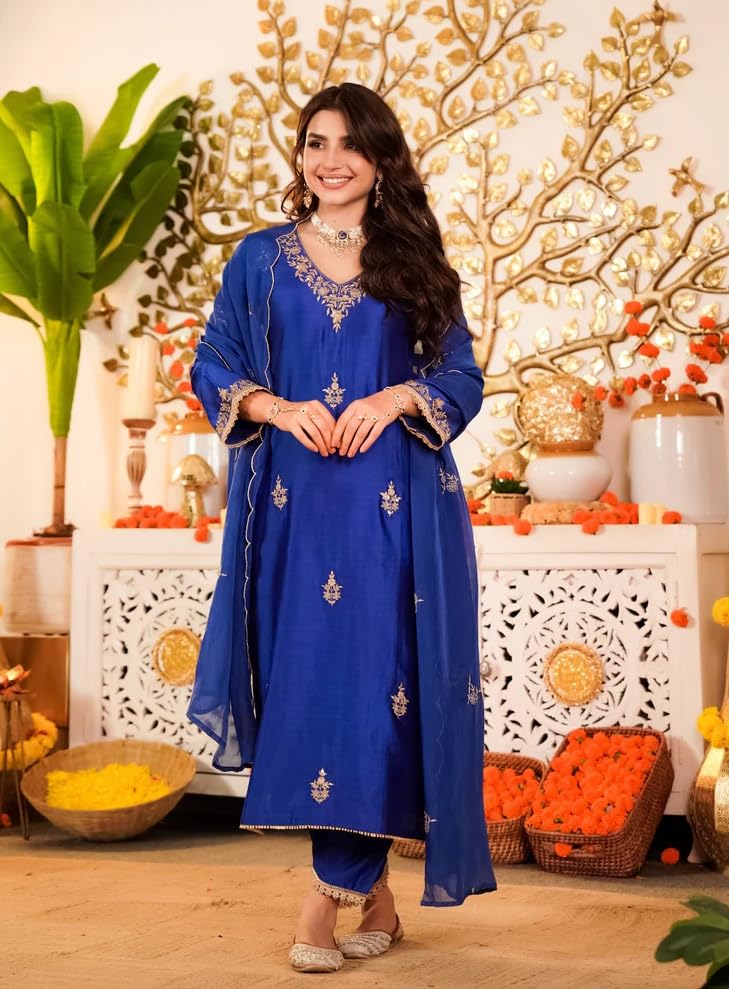 Klosia Women Embroidery Solid Straight Kurta and Pant Set with Dupatta (in, Alpha, 2XL, Blue)
