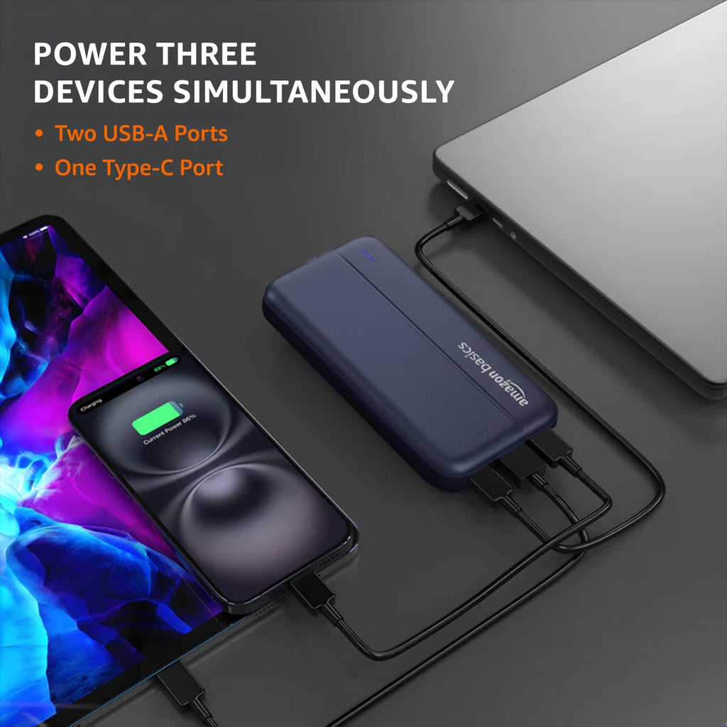 Amazon Basics 20000 mAh Power Bank | 22.5W Fast Charging | Dual Output & Input | Charge 3 Devices Simultaneously | for Smartphones, TWS Earbuds, Speakers, Tablets (Dark Blue)