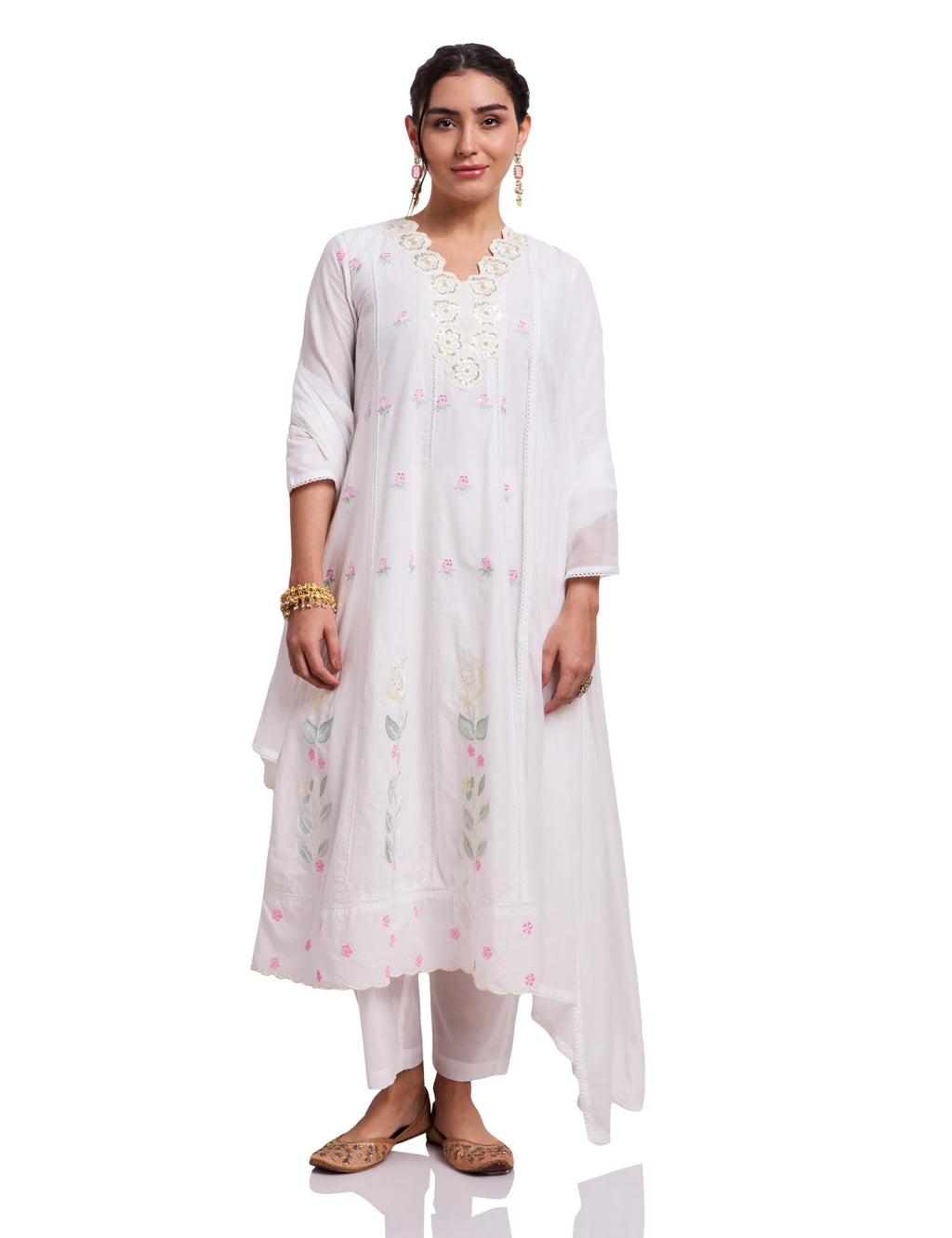 Amazon Brand - Myx Women's Pure Cotton A-Line 3 piece Schiffli Suit Set (Available in Plus Sizes) (SS26-MYX-SUR-SKD-01 (A)_White_M)