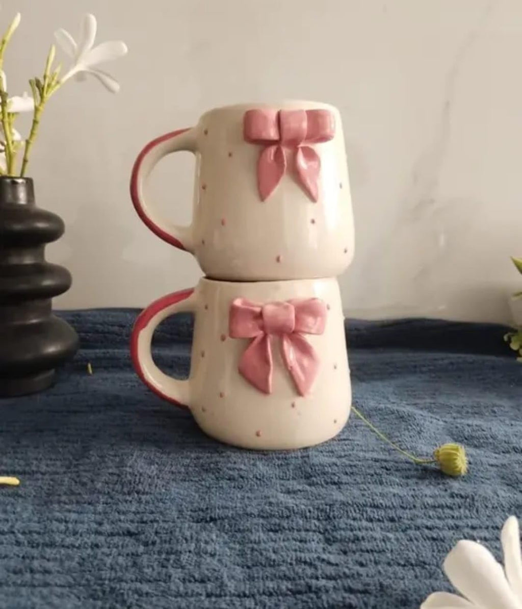 THE INDIAN HOME Cute Pink Bow Ceramic Mug for Coffee Tea Milk | 3D Bow Design Gift Mug for Girls Women Kids | Premium Glazed Polka Dot Finish (1)