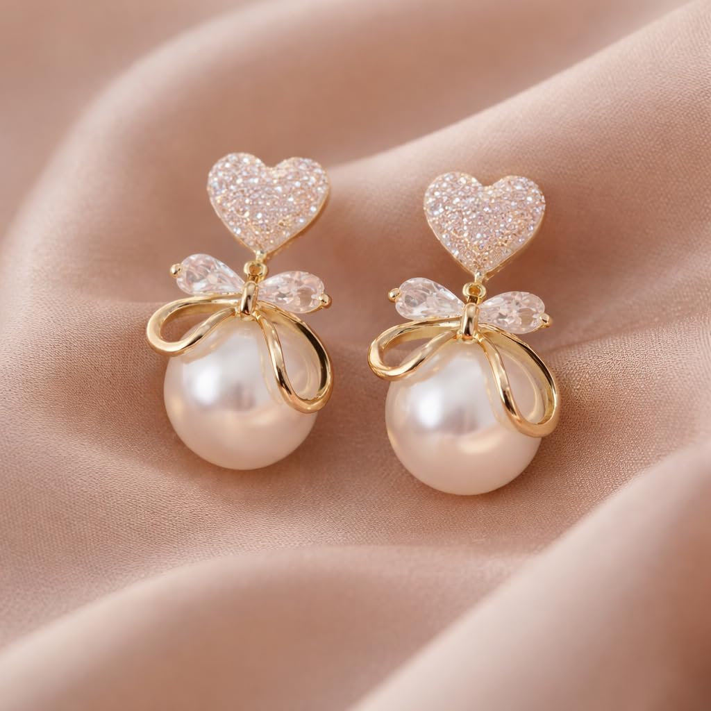 Korean Earrings Set of 3, Gold Tone, Pearl and Crystal Embellished, Heart and Bow Design, Stud Style