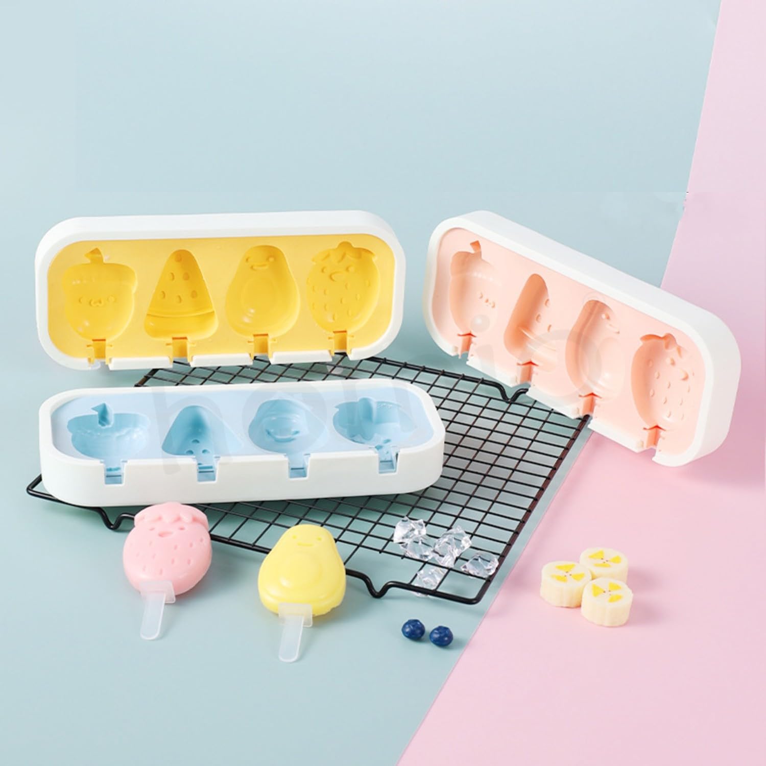 HOMIO 4 Fruit Shape Cavity Non-Stick Silicone Ice Cream Mould with Lid & 6 Plastic Sticks Reusable Ice Lolly, Frozen Candy, Kulfi Molds, BPA-Free Stackable DIY Icecream Popsicle Maker (Multicolor)