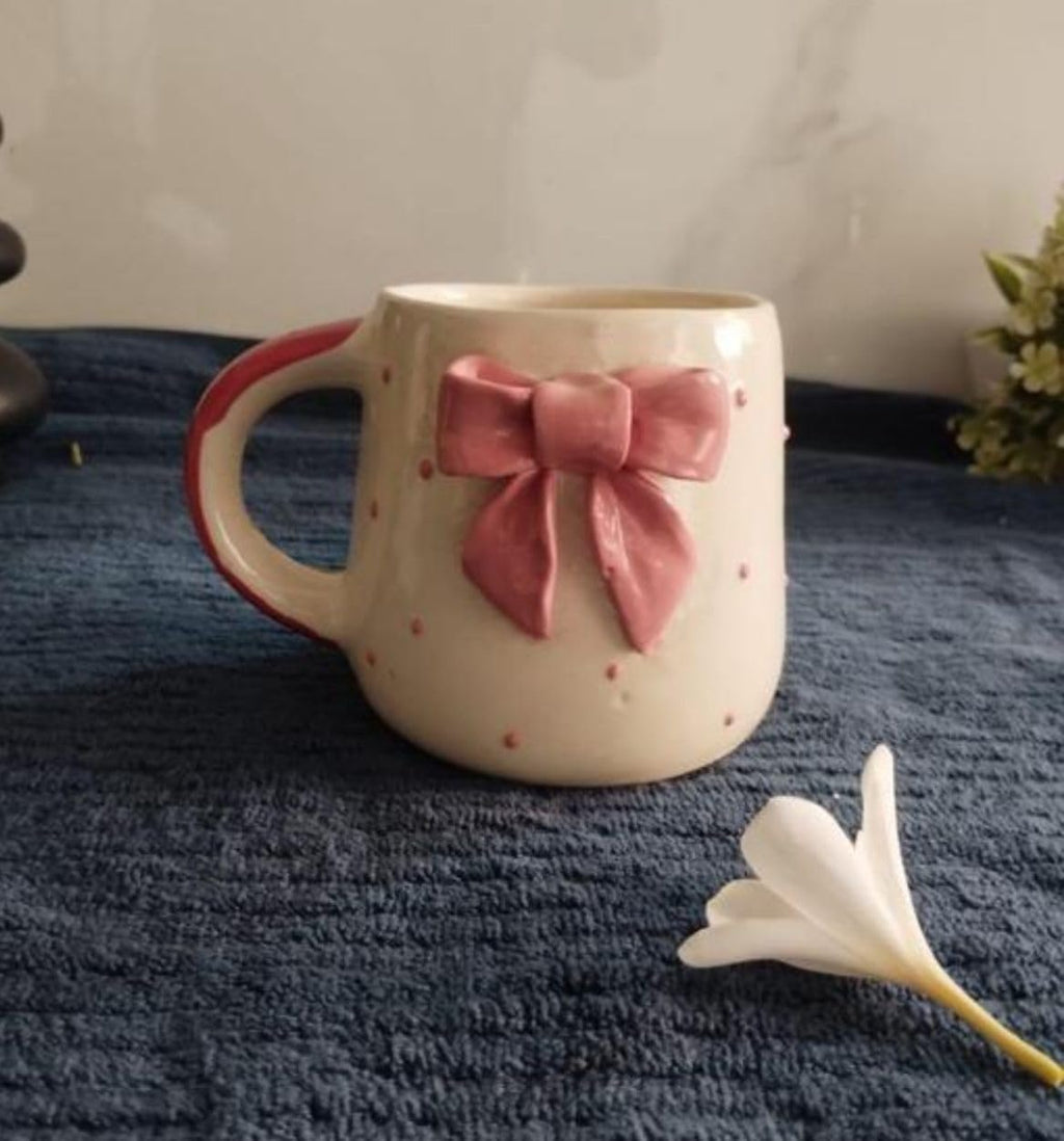 THE INDIAN HOME Cute Pink Bow Ceramic Mug for Coffee Tea Milk | 3D Bow Design Gift Mug for Girls Women Kids | Premium Glazed Polka Dot Finish (1)