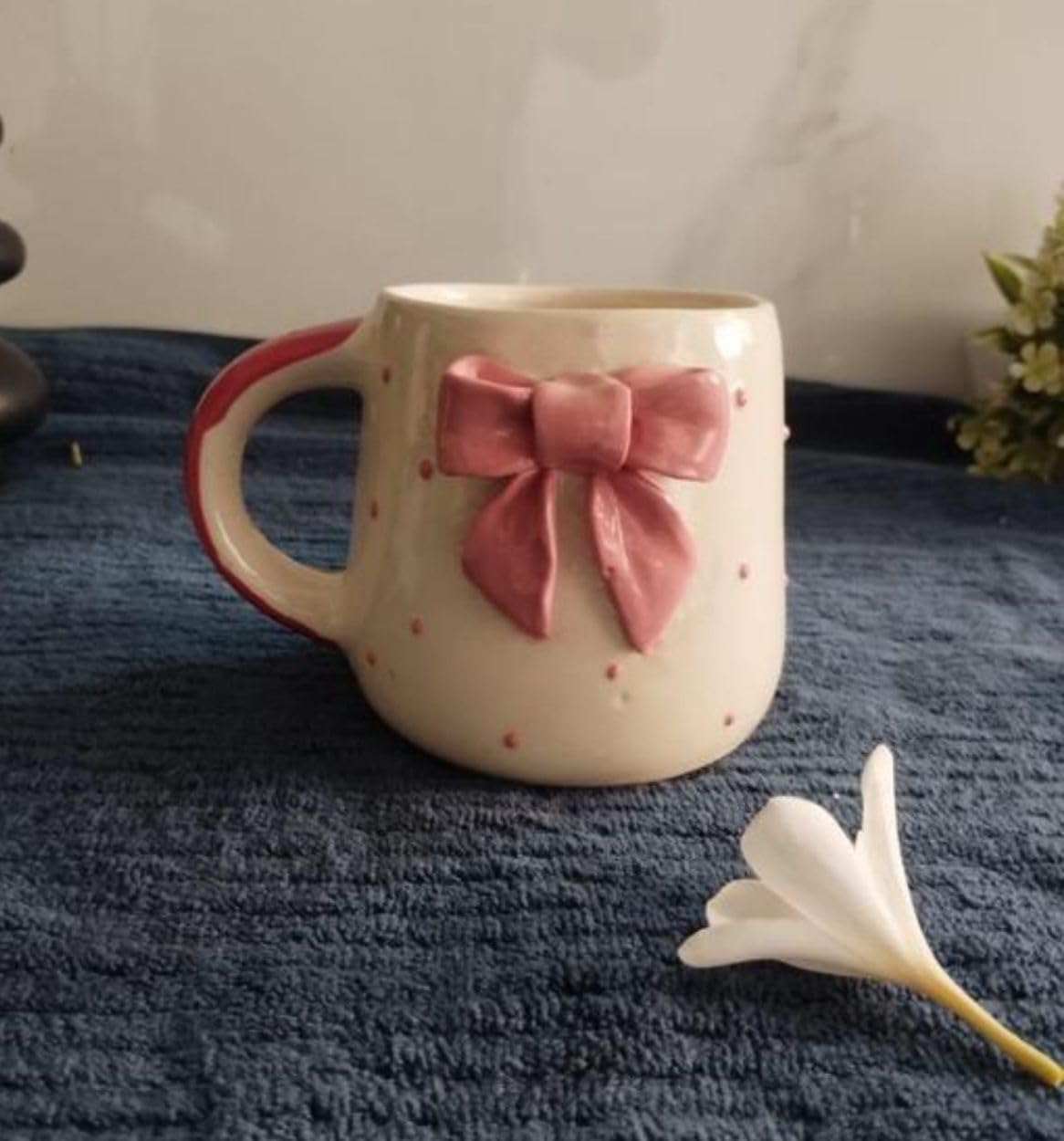 THE INDIAN HOME Cute Pink Bow Ceramic Mug for Coffee Tea Milk | 3D Bow Design Gift Mug for Girls Women Kids | Premium Glazed Polka Dot Finish (1)