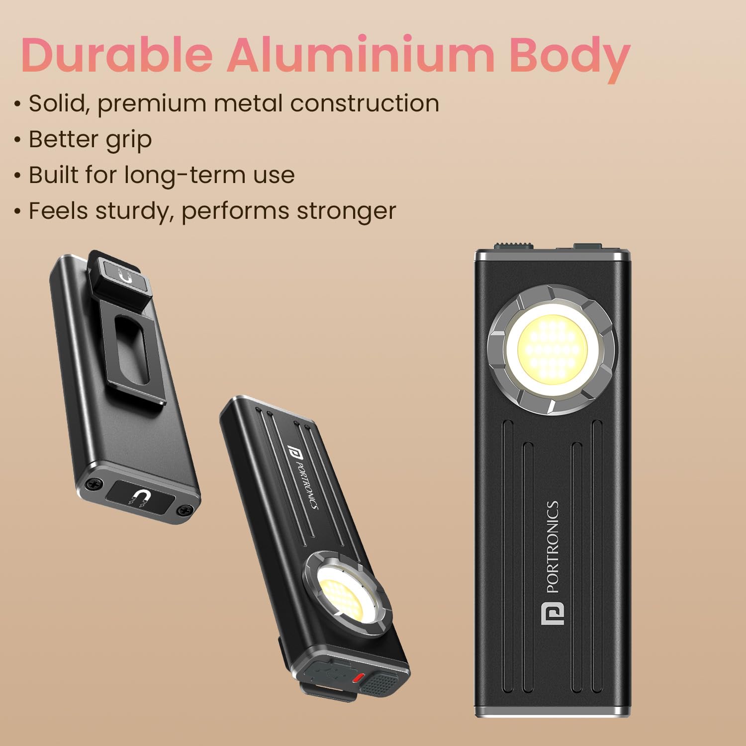 Portronics Eco Glow Bolt Rechargeable Magnetic LED Torch, 650 Lumens, 3 Modes, Type-C Charging, Pocket Clip, Aluminium Body, 35m Beam Range, Ideal for Camping, Repairs, Car, Emergency & Home Use