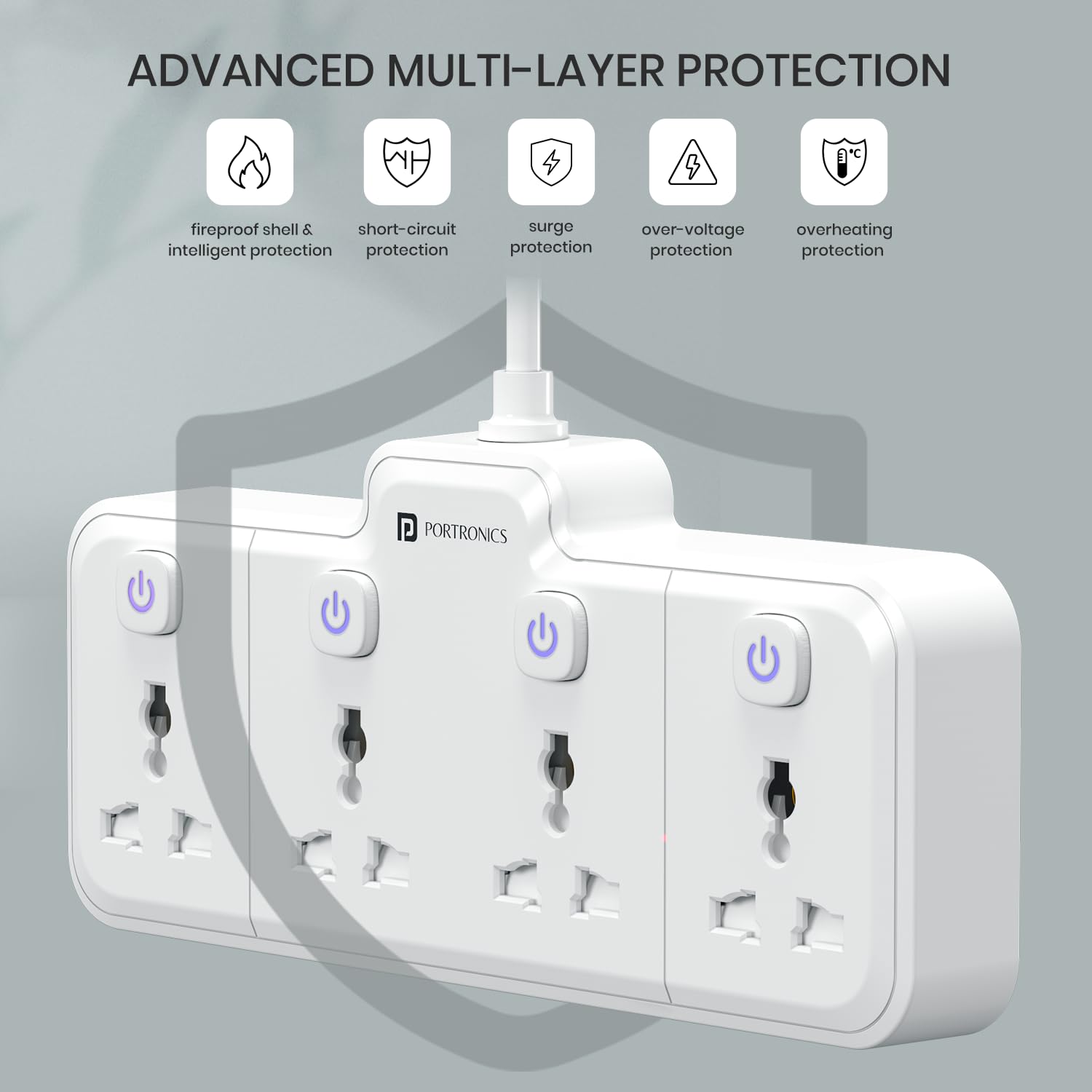 Portronics 2500W Power Plate Pro 4-in-1 Power Extender with 4 Universal Sockets, Individual Switches, 180° Flexible Cord, Child Safety Shutters, for Home, Office, Laptops, Mobiles & Appliances