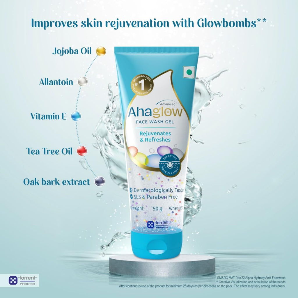 Ahaglow Advanced Face Wash Gel 50g with AHA(1% Glycolic Acid) Glow Bombs| Jojoba & Tea Tree Oil | Allantoin, Vitamin E & Oak bark Extract | No.1 Dermatologist Prescribed AHA Brand - By Torrent Pharma