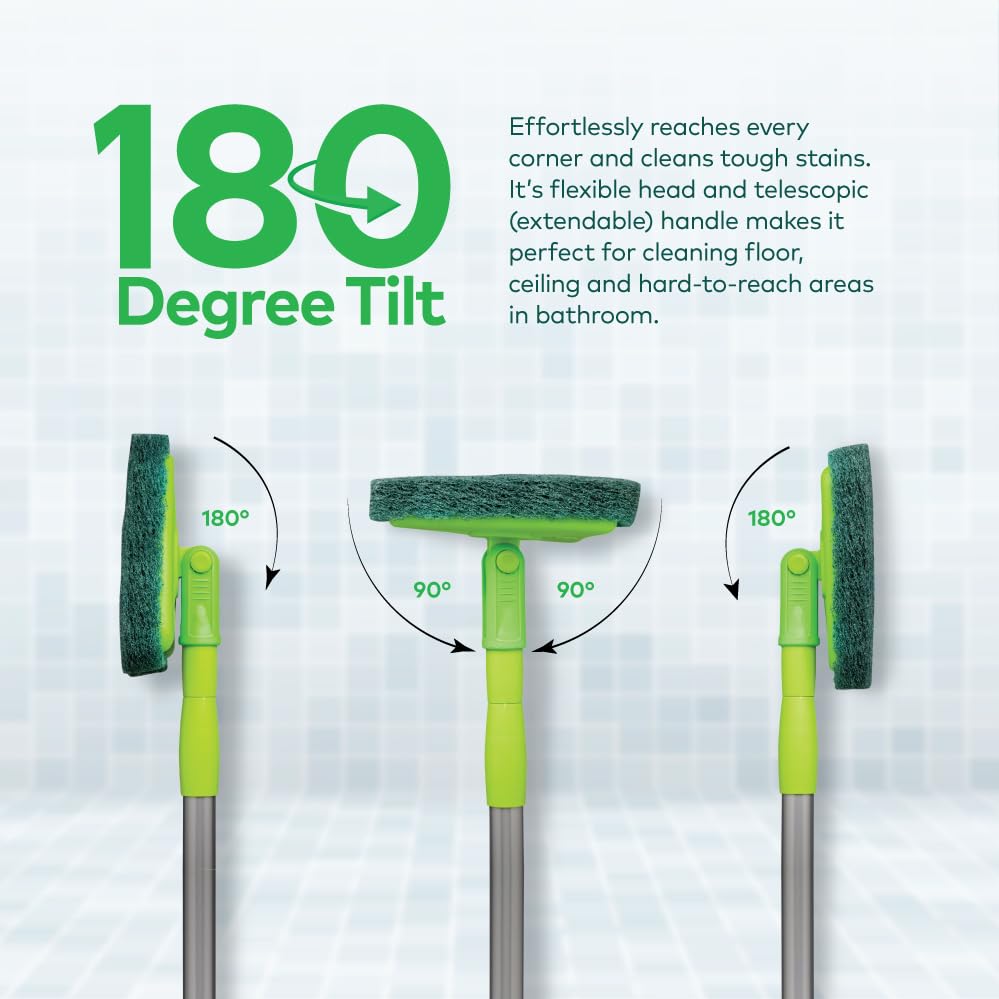 Scotch-Brite Height Adjustable Handle Bathroom Tile Scrubber Brush- Cleans Tiles, Hard to Reach Corners, Floors Without Bending, Tough Stain Removal, 180° Rotating Triangular Head for Easy Cleaning