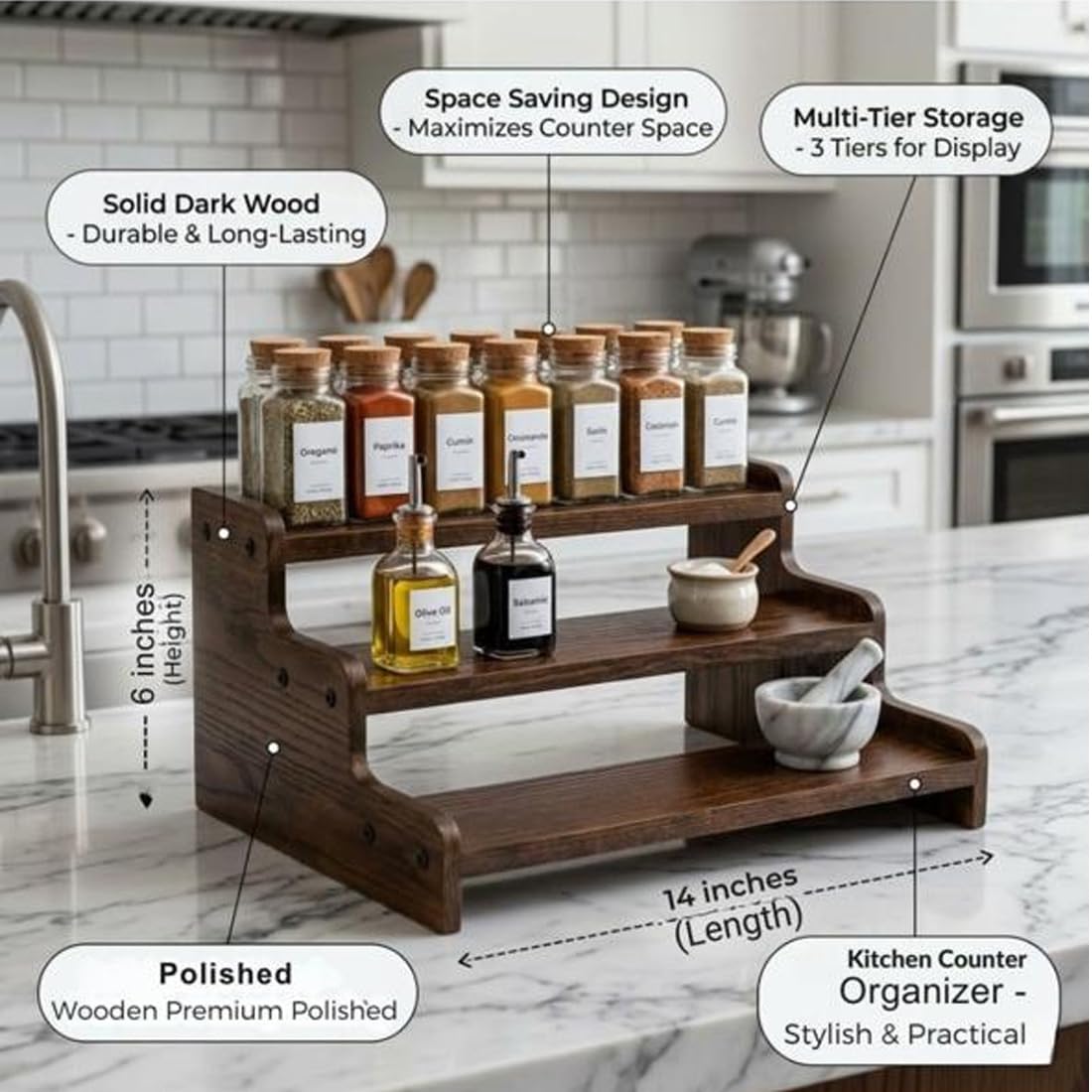 3 Tier Wooden Kitchen Organizer Rack for Countertop | Wooden Spice Rack Stand for Kitchen Counter | Kitchen Shelf Organizer & Cabinet Shelf Riser | Decorative Masala Rack Storage Stand | Dark Brown