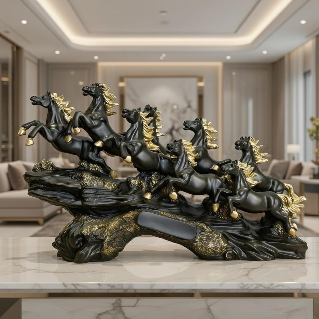 UAG Exports 7 Running Horses Resin Statue Feng Shui & Vastu Lucky Decor for Home, Office, Living Room, Shelf | Symbol of Wealth & Success | Housewarming, Birthday Gift (Black-Matt, Wave Base)