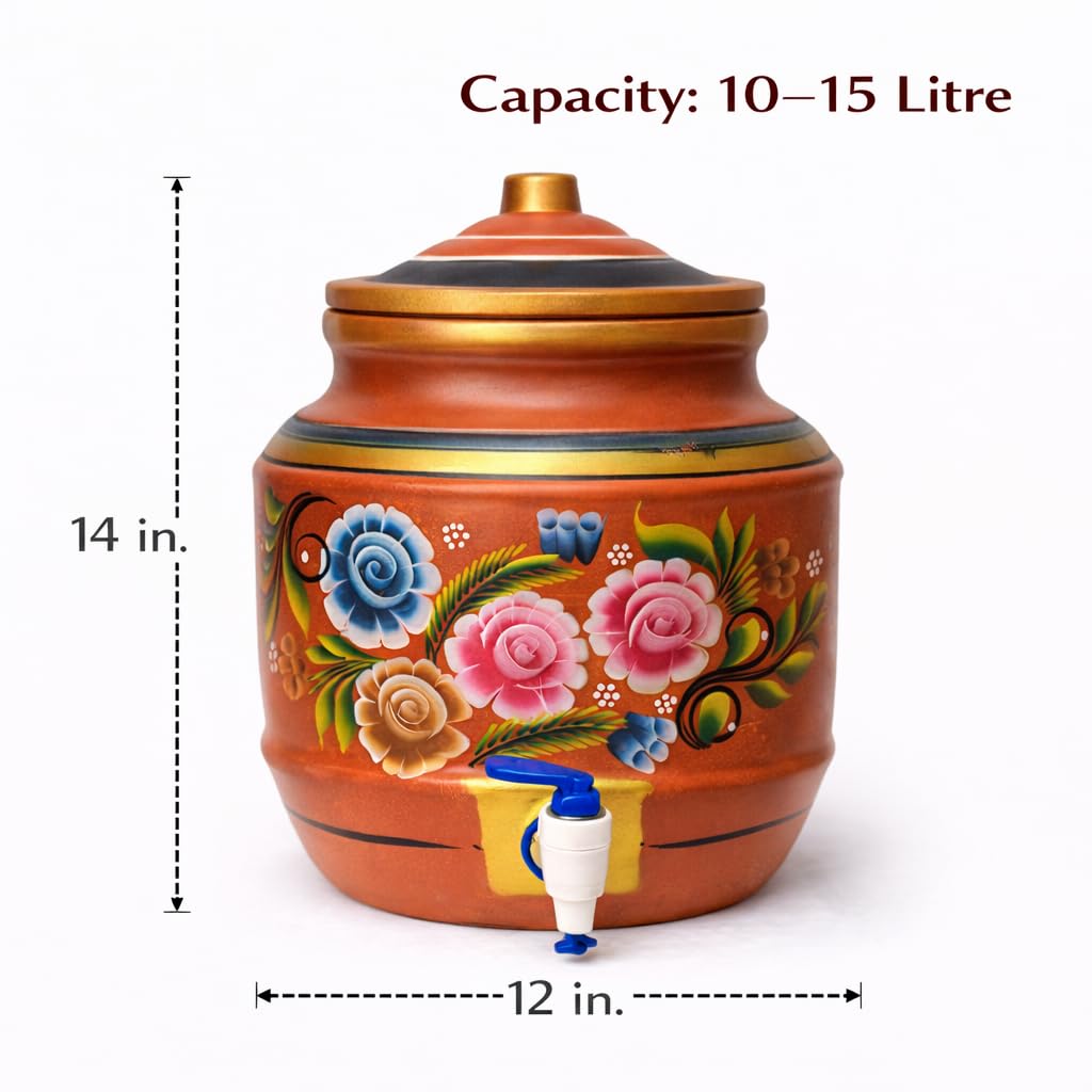Hand-Painted Clay Water Pot with Tap | Earthen Matka Water Dispenser | Natural Cooling Terracotta Storage Pot | Traditional Mitti Matka for Home & Kitchen (Design 12)