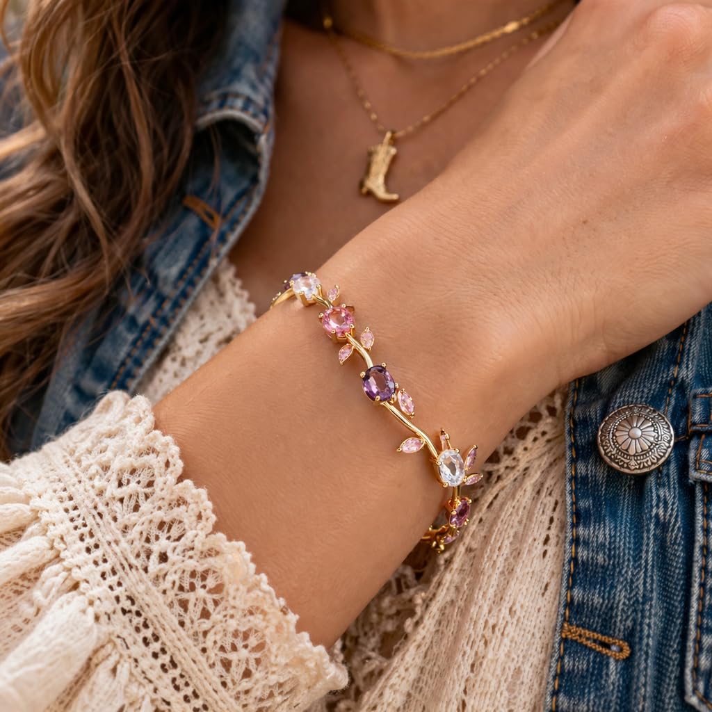 H&K Jewels Tulip Bracelet with Multicolour Oval and Marquise Cut Crystals, Elegant Floral Style|Purple&Pink Gemstones|Anti-Tarnish|Vine Korean Design|Gift for GF ands Wife