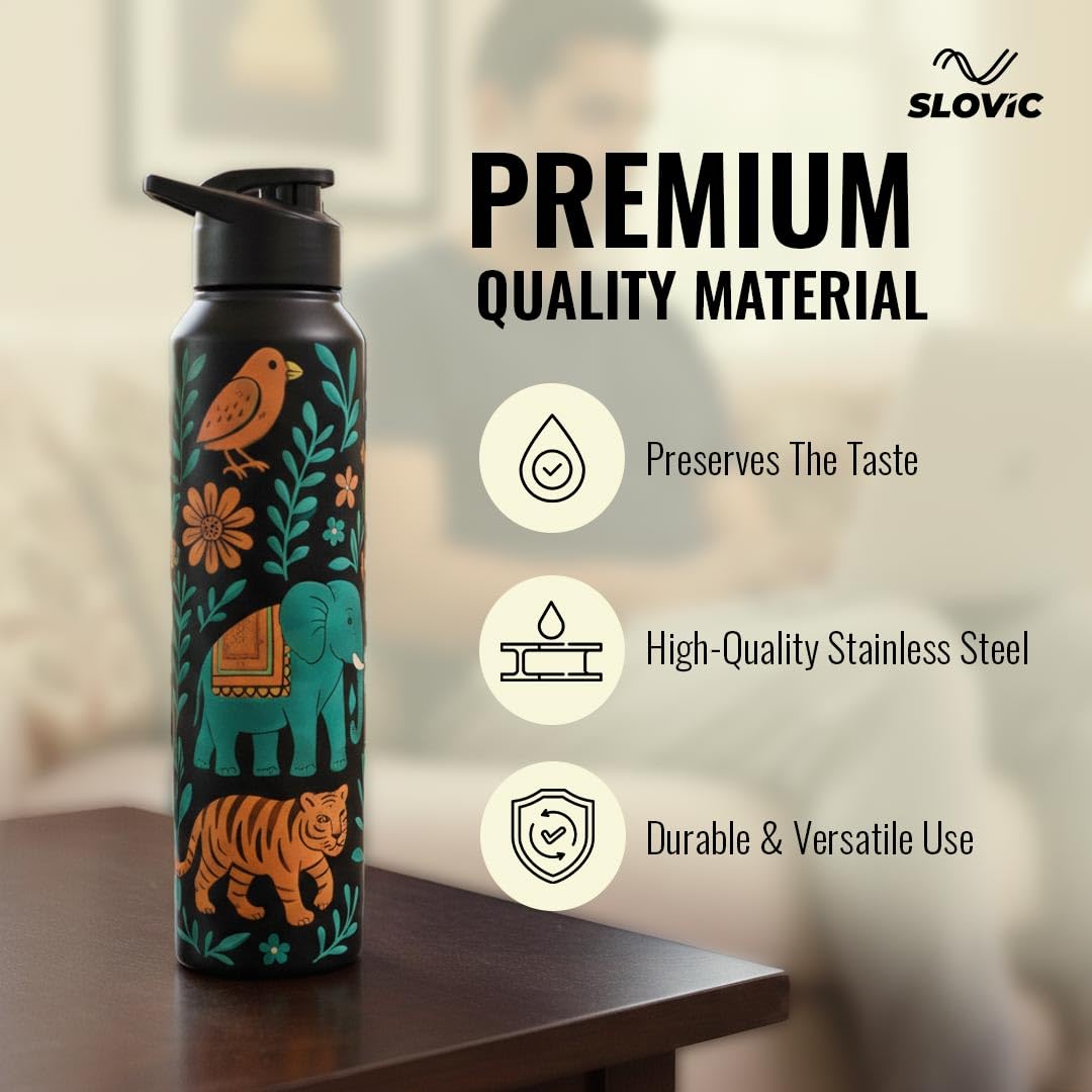 SLOVIC Steel Water Bottle 1 Ltr | Incredible India Design Fridge Water Bottle for School Kids | 100% BPA Free & leak-Proof | Sipper Water Bottles for Adults | Ideal for Gym, Office, Travel