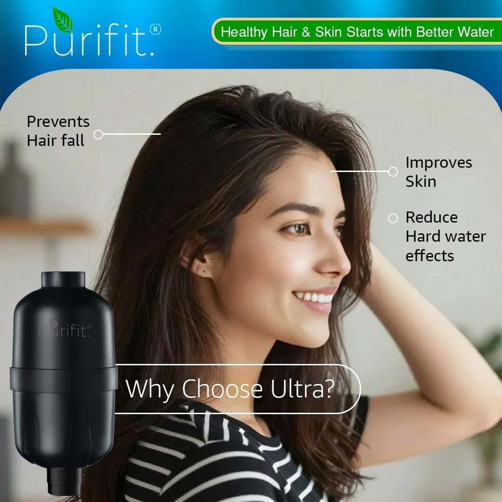 Purifit Ultra Hard Water Filter for Tap and Shower | Water Softener for Bathroom | Reduce Hairfall | Removes Dirt | Matte Black Finish