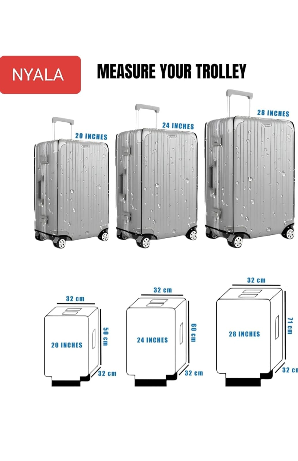 NYALA 24 Inch Protective Trolley Bag Cover | Transparent Suitcase Bag Cover | Waterproof Dustproof Luggage Cover, Clear PVC Suitcase Covers Protectors (60x45x30 CM)