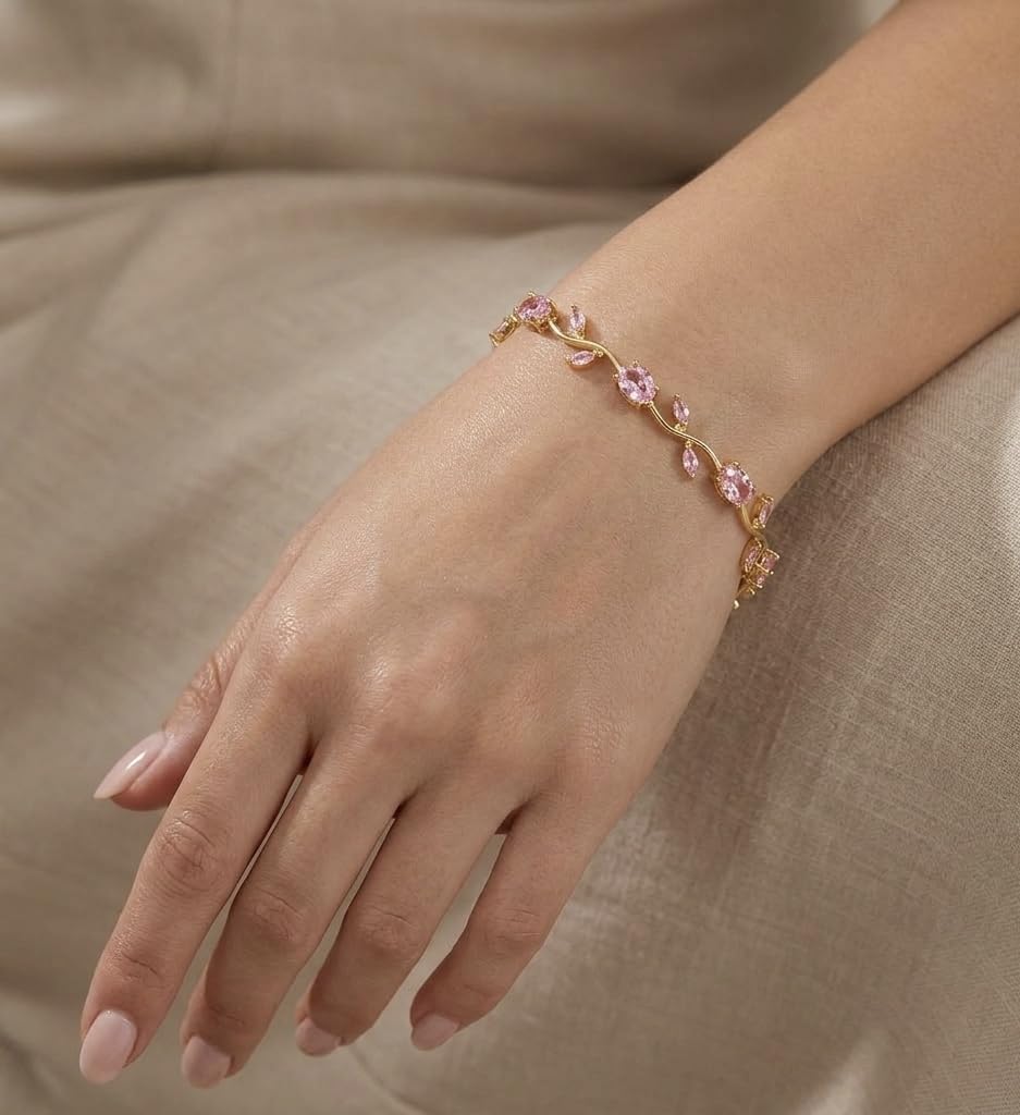 JIMOR Trendy Tulip Bracelet for Women | Gold Plated Pink Crystal Floral Bracelet | Elegant Minimalist Jewelry | Adjustable Chain Bracelet Gift for Girls Women | Stylish Party Daily Wear Accessory
