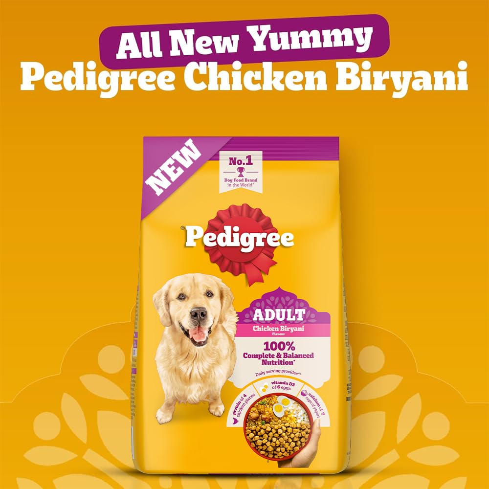 Pedigree Adult Dry Dog Food, New Chicken Biryani Flavour, 1 kg, Protein of 4 Chicken Pieces, Vitamin D3 of 6 Eggs, Calcium of 7 Cups of Yogurt, 100% Complete and Balanced Nutrition