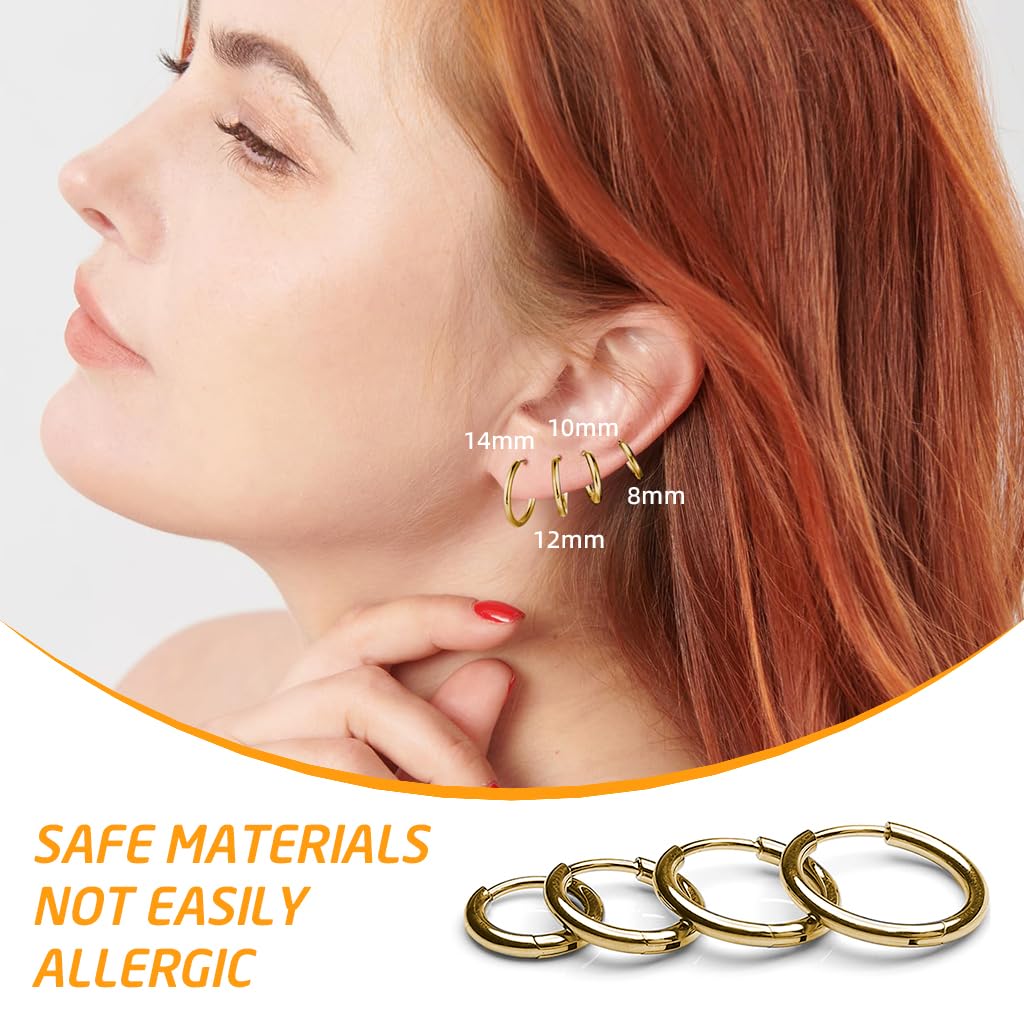 SANNIDHI® 4 Pairs Hoops Earrings for Women Men Stylish Gold Stainless Steel Hoop Earrings 8mm/10mm/12mm/14mm Hoop Ear Rings Fashion Couple Jewellery Earrings set Birthday Gift for Men Women Girls