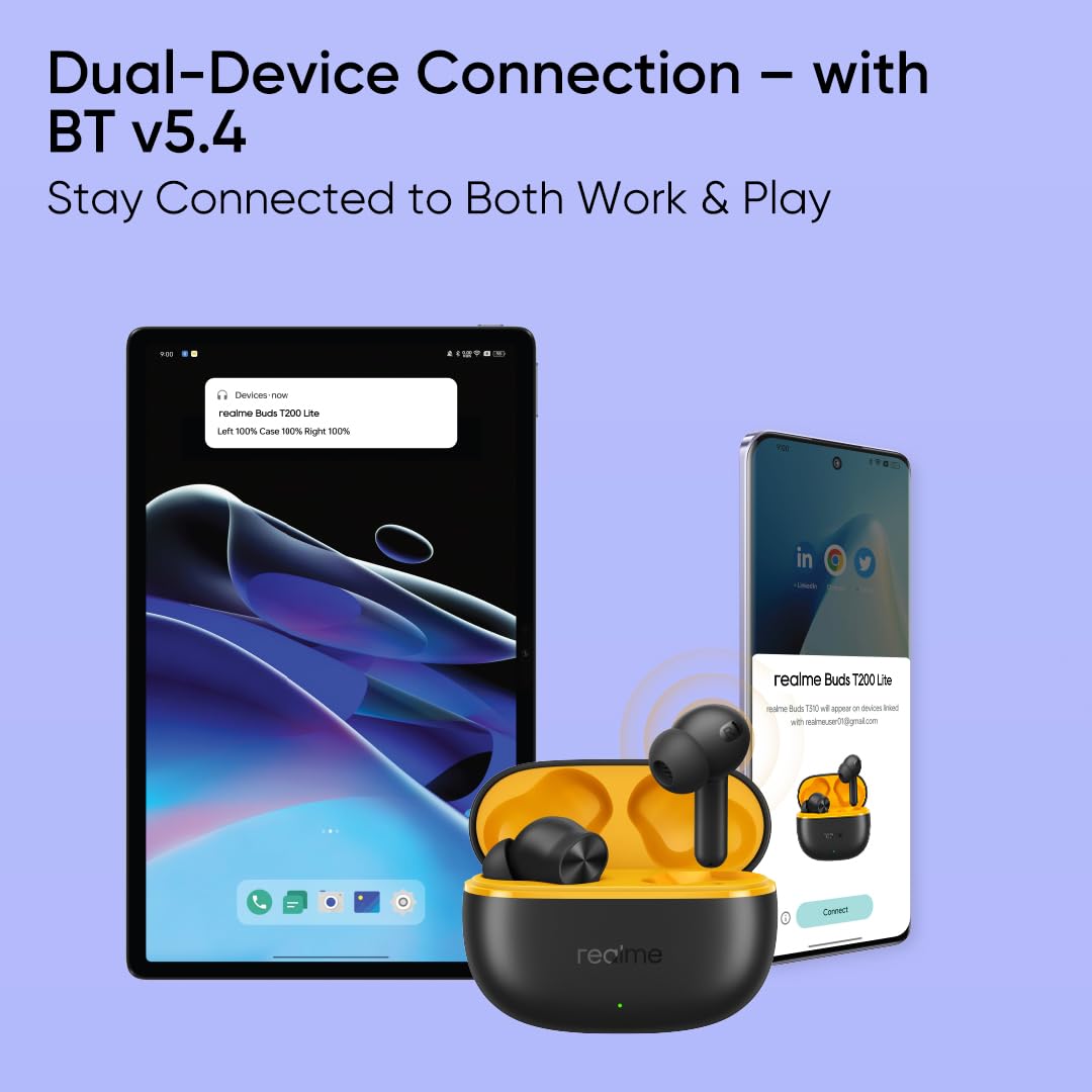 realme Buds T200 Lite Bluetooth in Ear Earbuds,4 Mic, AI ENC for Calls,48 Hours Total Playback with Fast Charging and Low Latency Gaming TWS,Google Fast Pair, with mic (Volt Black)
