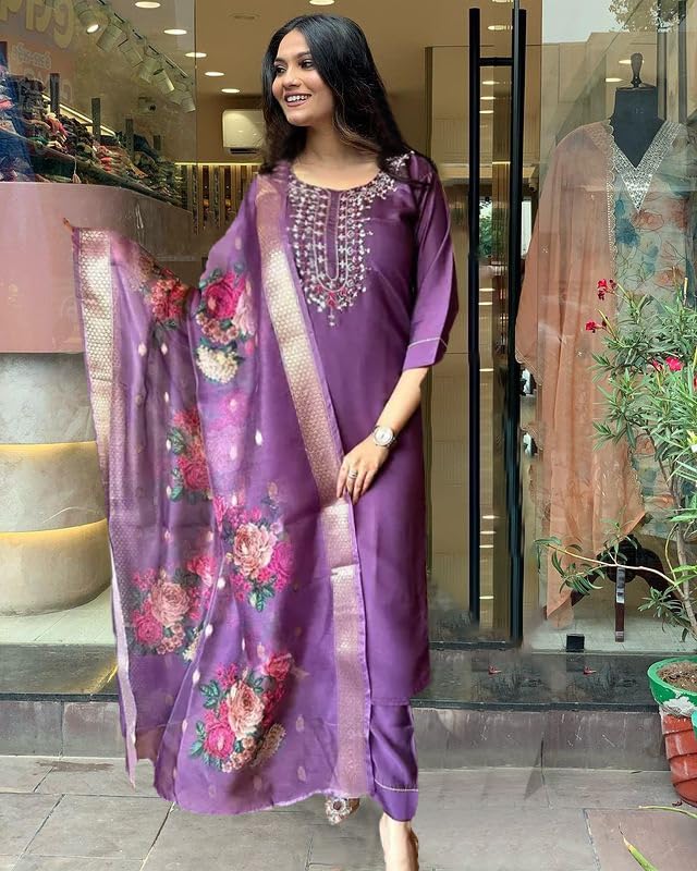 Bovkari Women's Slub Rayon Embroidery Kurta Pant with Floral Print Dupatta (SU P Wine-XL)