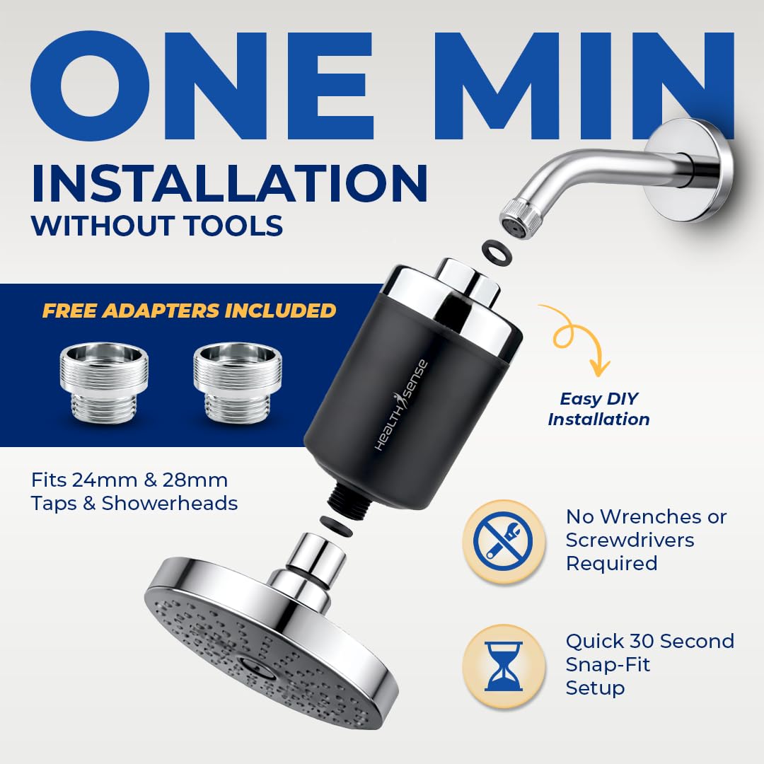 HealthSense Hard Water Softener Filter for Tap, Shower & Kitchen | Shower Filter for Bathroom | 20 Stage Dechlorination System with Activated Carbon & KDF-55 | | 6 Months Cartridge Life | Black