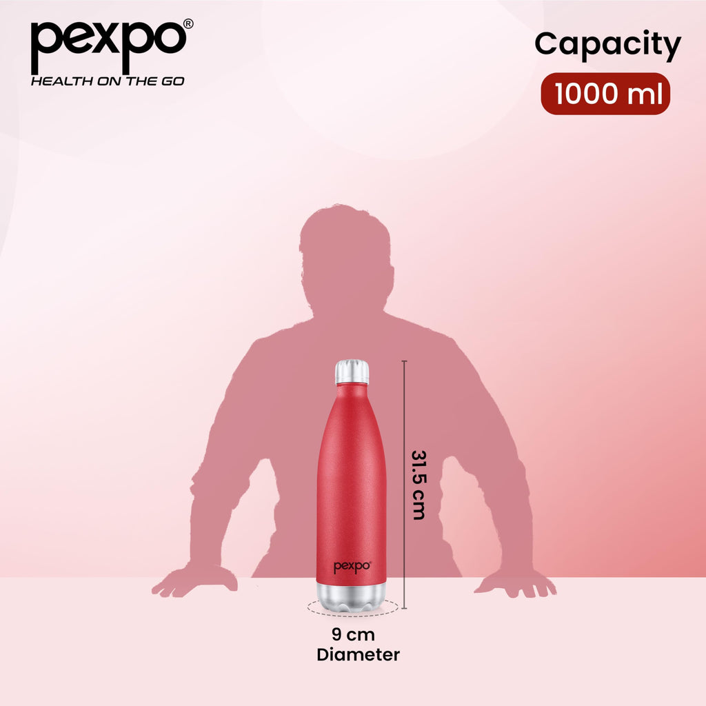 Pexpo Thermo Steel 1 Litre| Hot and Cold Flask | ISI Certified Stainless Steel | 3 Layer Insulation | Leakproof | for Home, Office | 2-Year Warranty | Electro 980ml | Crimson Red