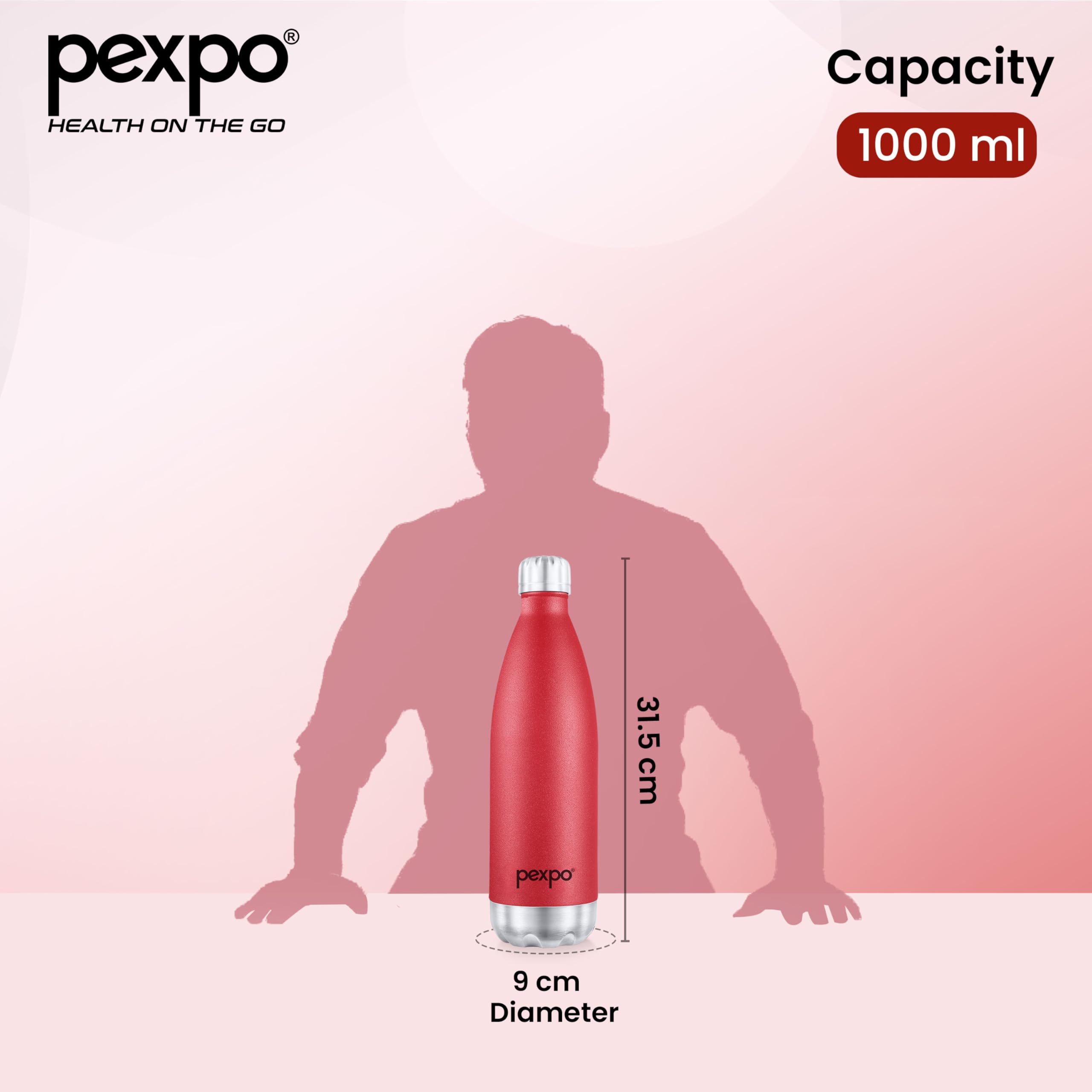 Pexpo Thermo Steel 1 Litre| Hot and Cold Flask | ISI Certified Stainless Steel | 3 Layer Insulation | Leakproof | for Home, Office | 2-Year Warranty | Electro 980ml | Crimson Red