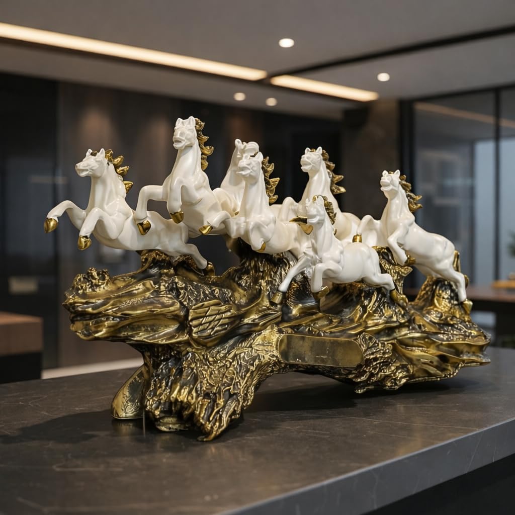 UAG EXPORTS PRIVATE LIMITED White 19 Inch Running 7 Victory Horses Resin Statue for Vastu and Feng Shui | Home Office Living Room Decor Showpiece