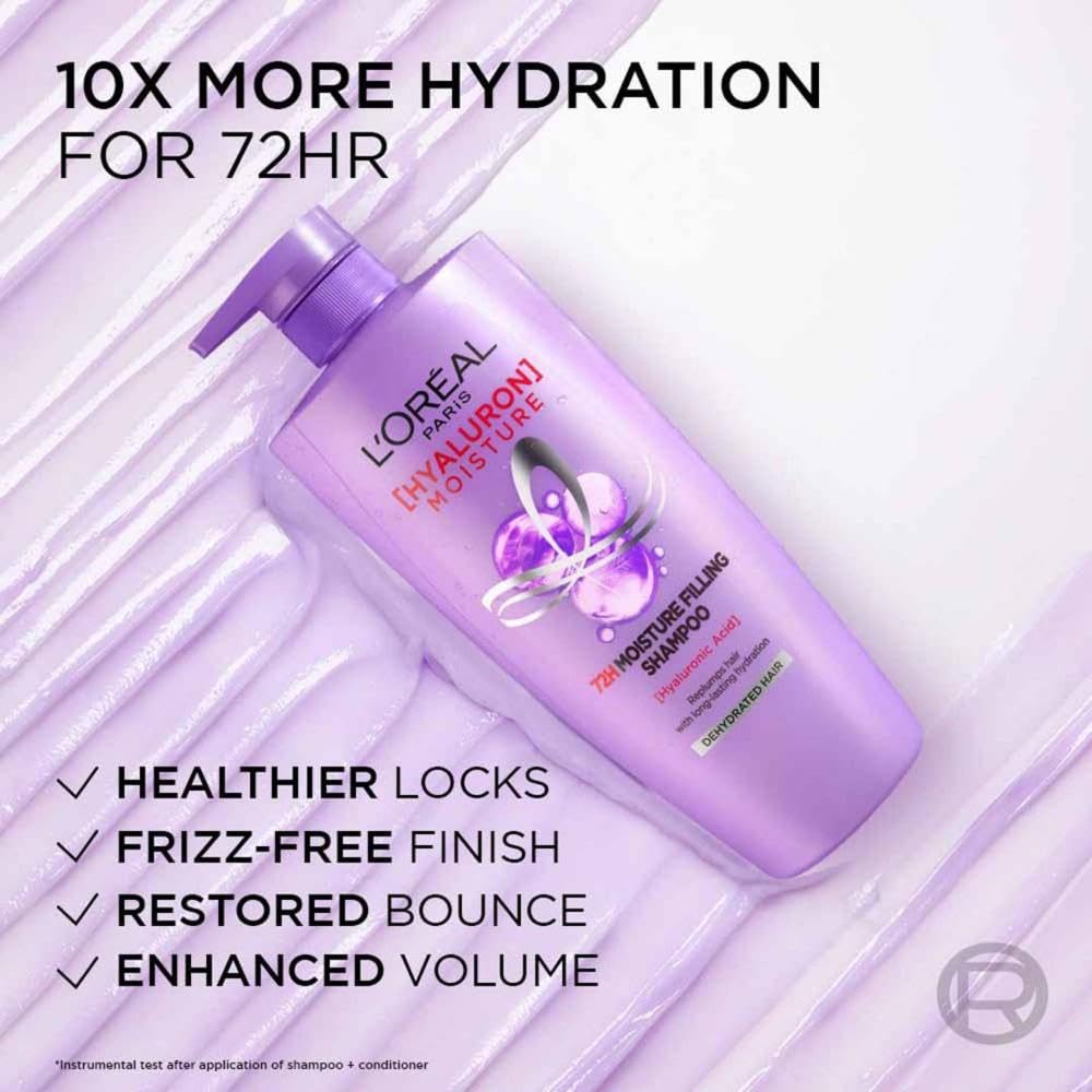 L'Oreal Paris Hyaluron Moisture 72HR Moisture Filling Shampoo powered by Hyaluronic Acid, for Frizz-free, Hydrated and Bouncy Hair Full of Life | 1Ltr