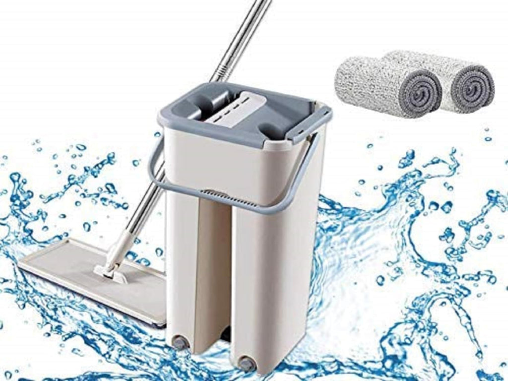 SSS Enterprise Heavy Quality Floor Mop with Bucket, Flexible Kitchen Tap Flat Squeeze Cleaning Supplies, 360° Flexible Quiet, 2 Reusable Pads, Microfiber, Adjustment Office Home Effective