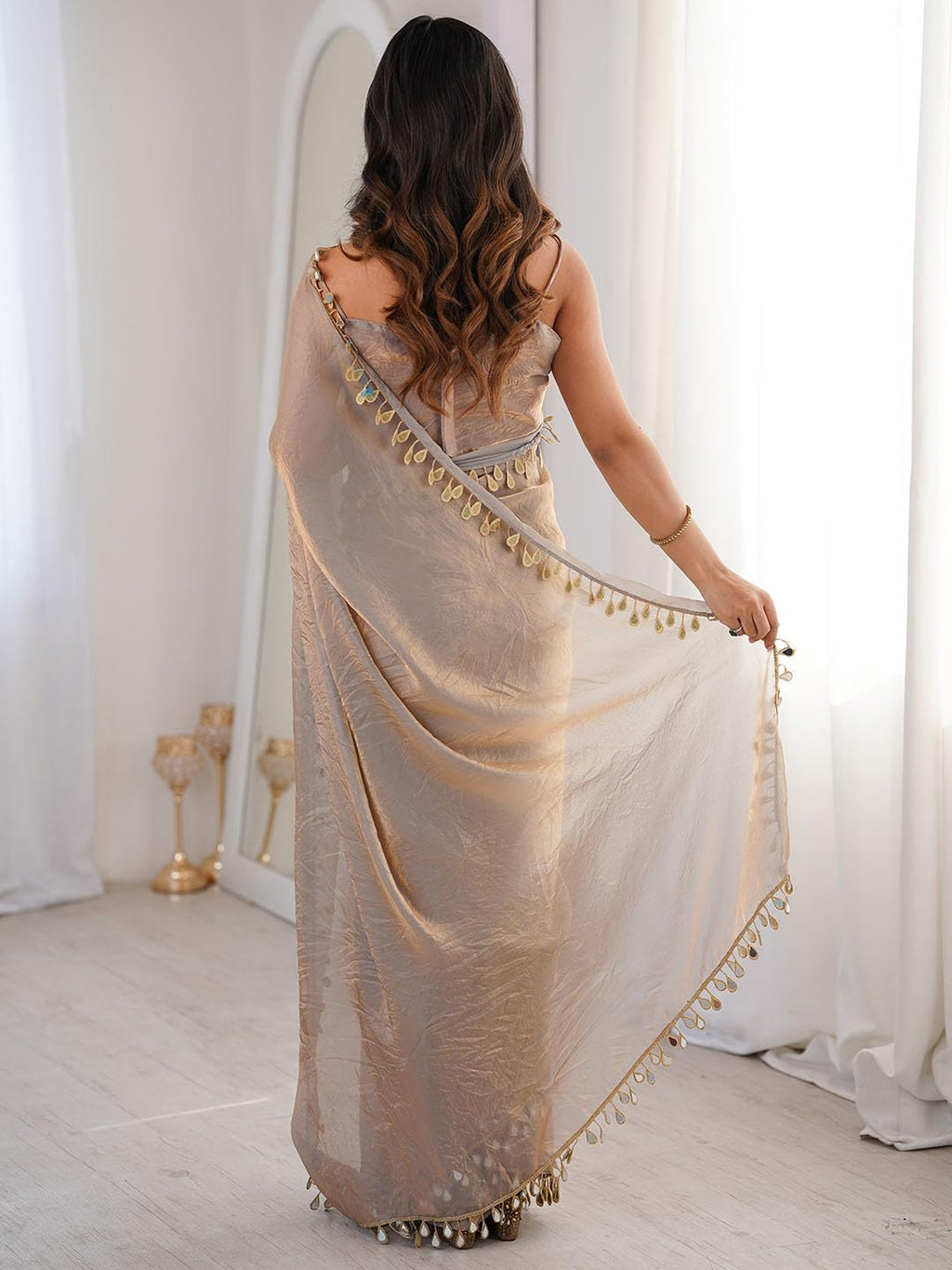 AKHILAM Women's Beige Satin Solid Mirror Work Saree With Unstitched Blouse Piece (82KAVI8204_RT)