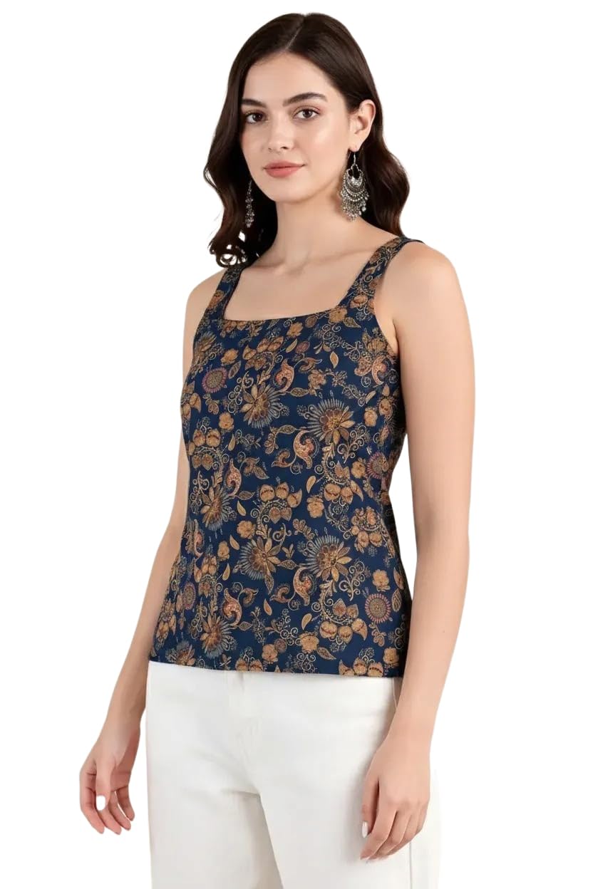 Pinkmint Kurti for Women Printed Sleeveless Women's Kurti Top with Back Tie-Up | Cotton Blend Ethnic Fusion Women Top for Office Wear, Casual Wear, Beach College, Festive & Party Look