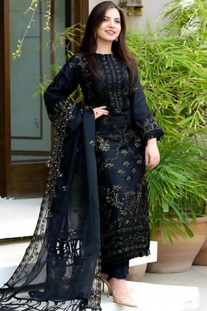 ROYALICA Women's Black Embroidered Pakistani Suit Set, 3-Piece Salwar Kameez with Dupatta,Georgette Straight (IN, Alpha, 2XL, Regular, Standard, black)