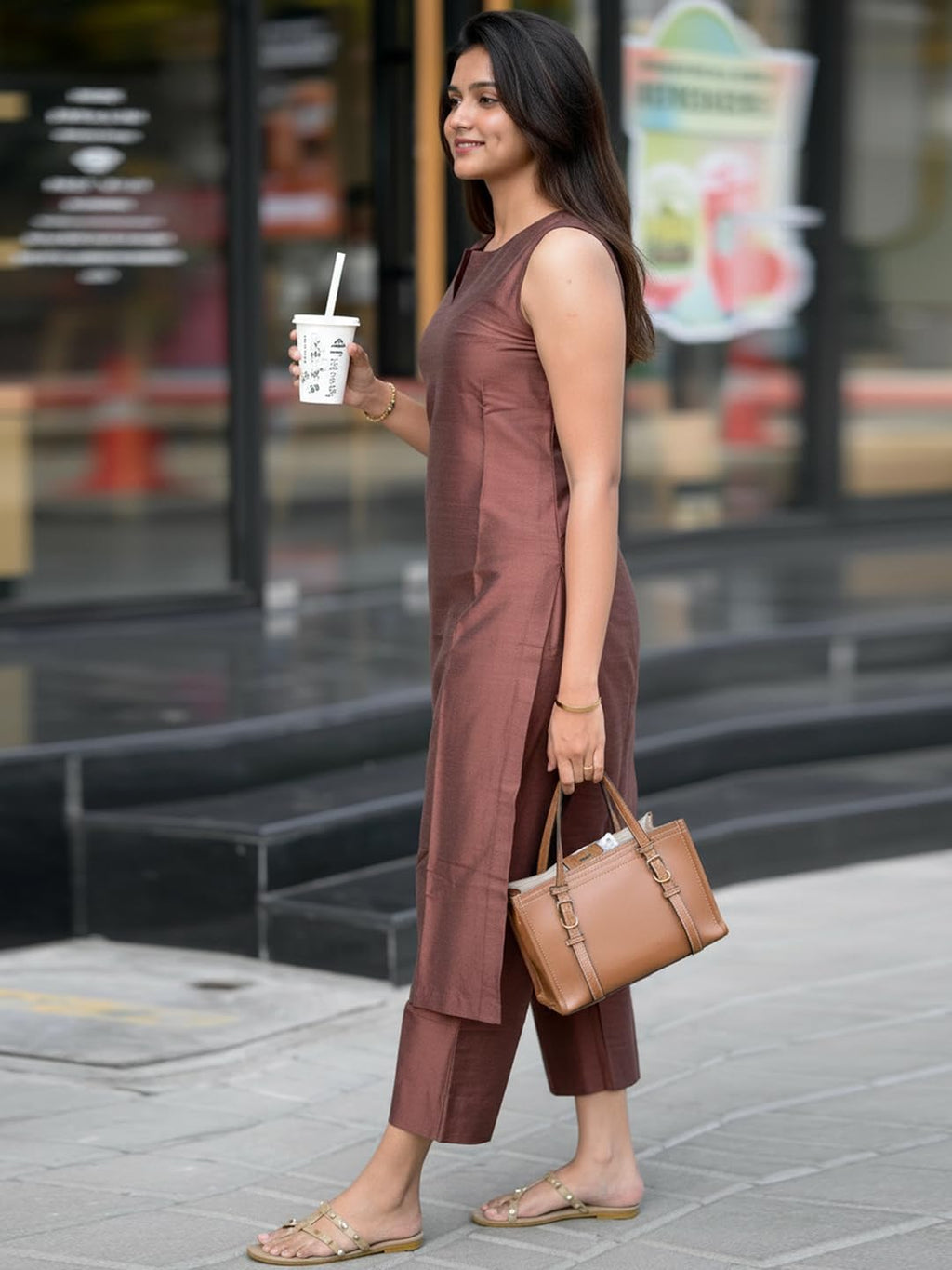 ANNI Designer Women's Rayon Viscose Straight Solid Kurta with Pant (RIMPY Brown_M_Brown_Medium)